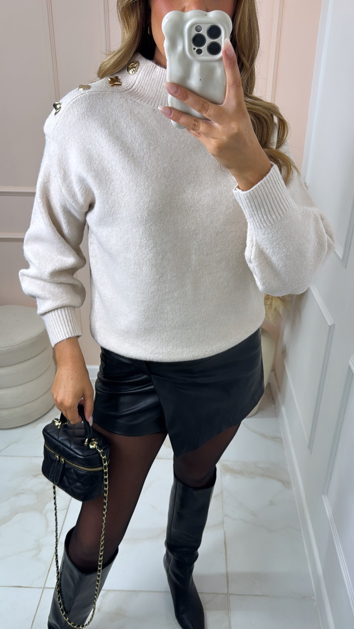 EDEN cream button shoulder high neck jumper