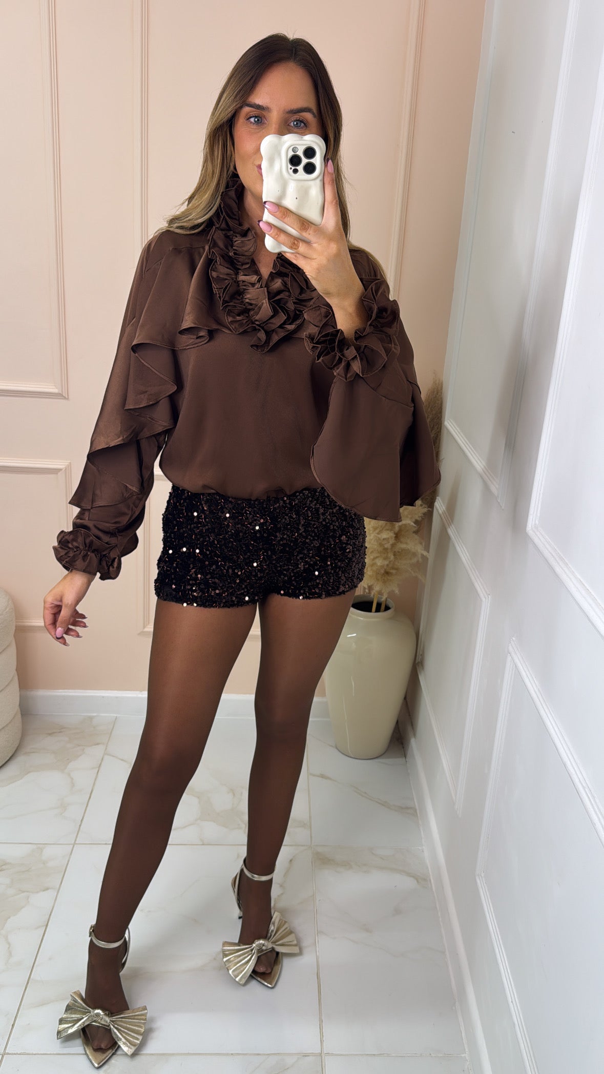 ARABELLA brown satin frill blouse
