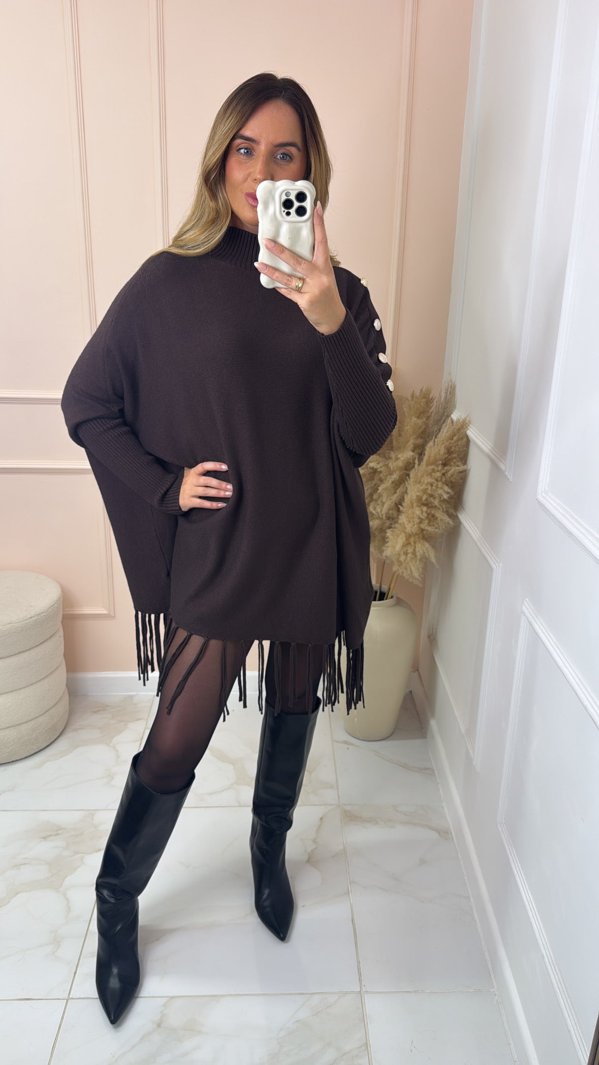 MERCY brown fine knit fringed jumper