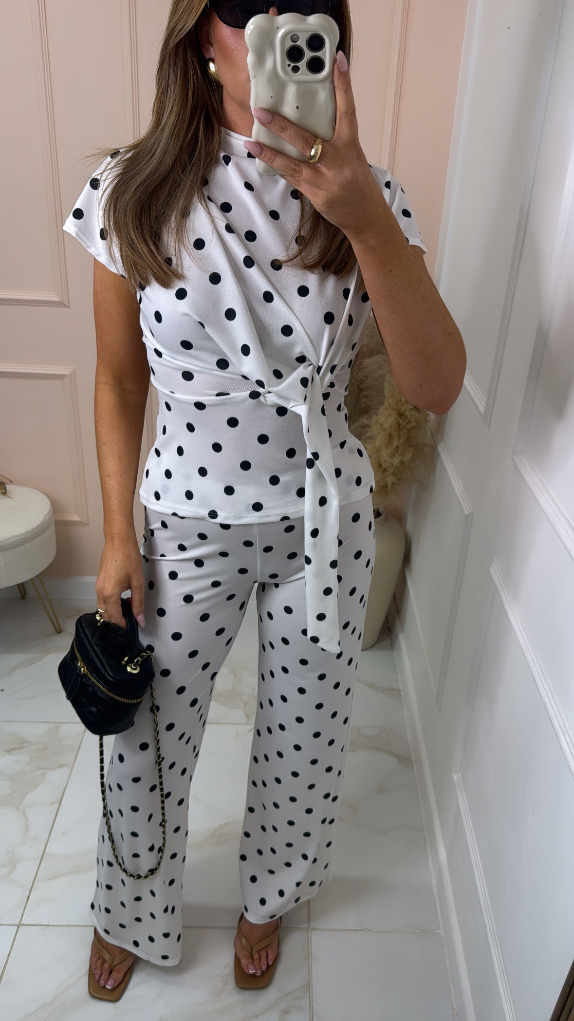 MINNIE white polka dot tie front trouser set