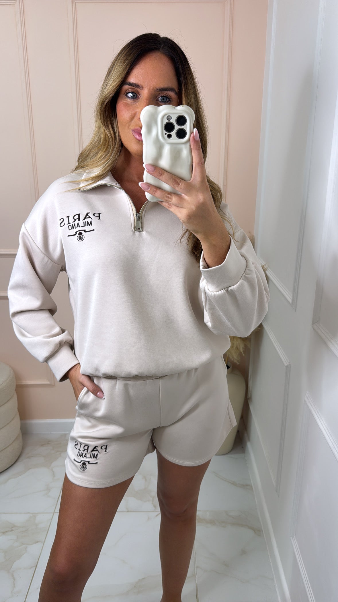 JASMINE beige embroidered half zip lounge set