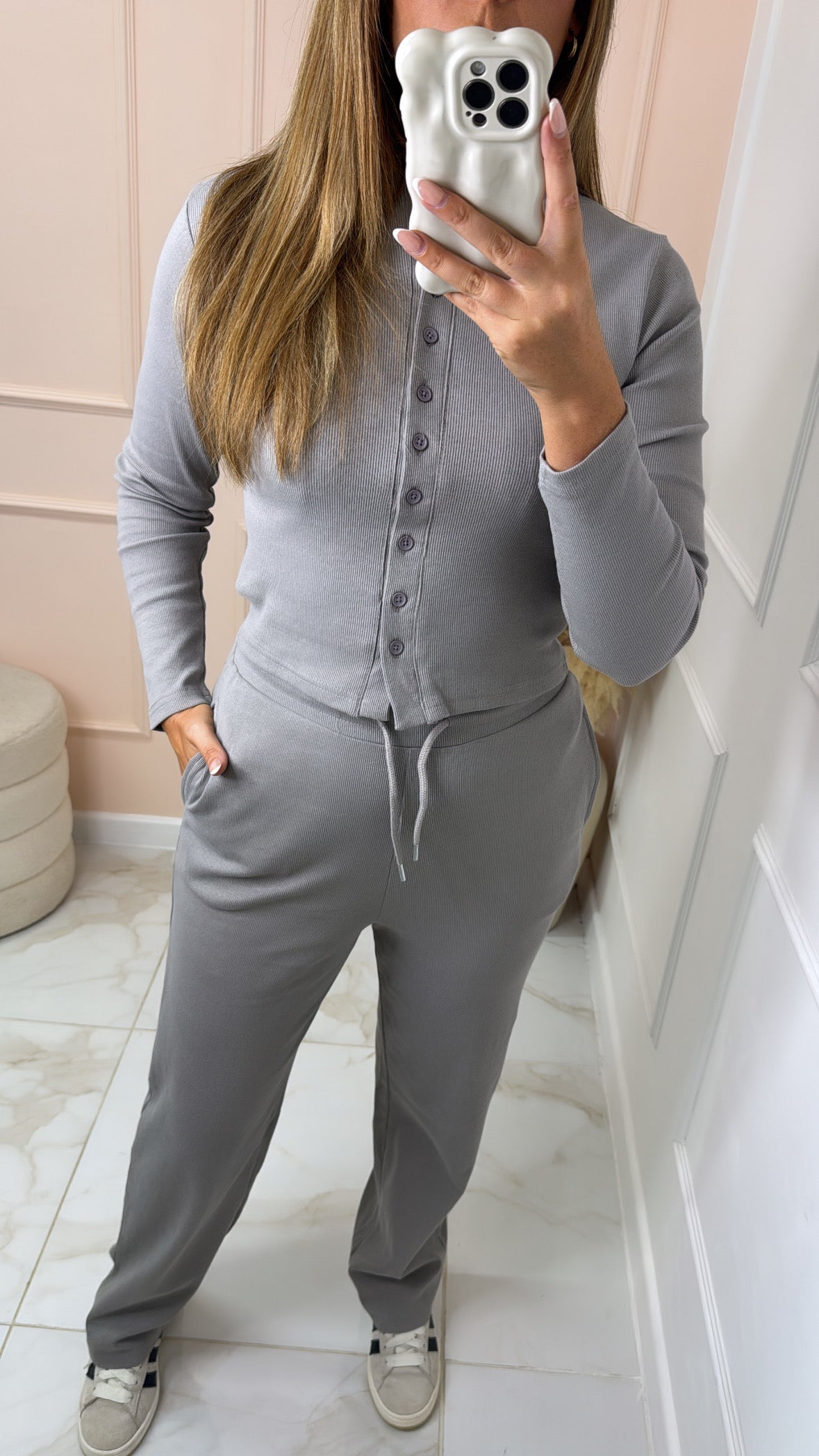 SHARNA dove grey ribbed button lounge set