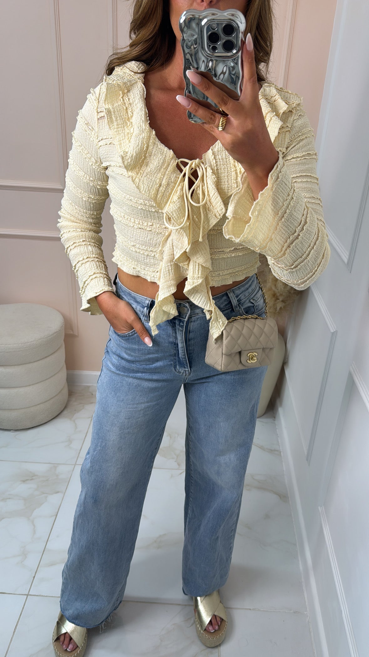 LAUREN lemon textured ruffle top