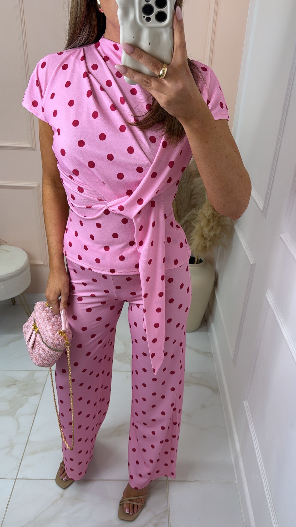 MINNIE pink polka dot tie front trouser set