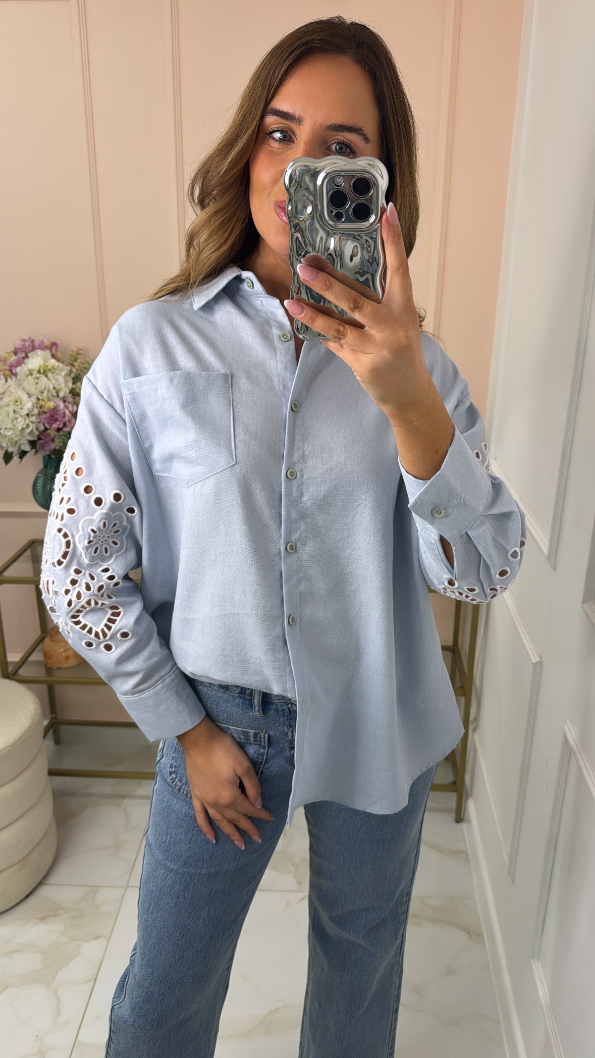 LORI powder blue anglaise linen shirt
