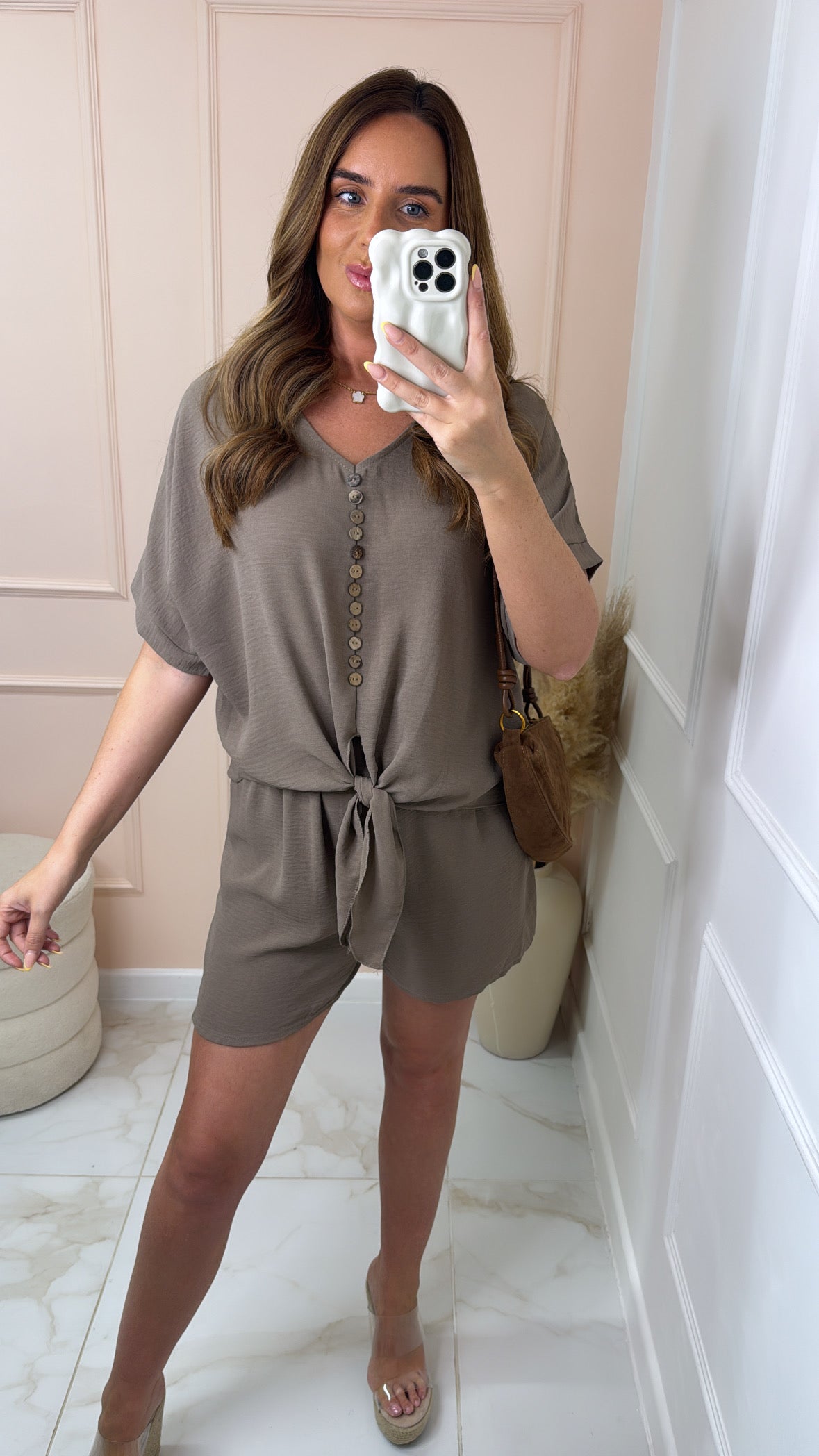MACEY taupe button tie front short set