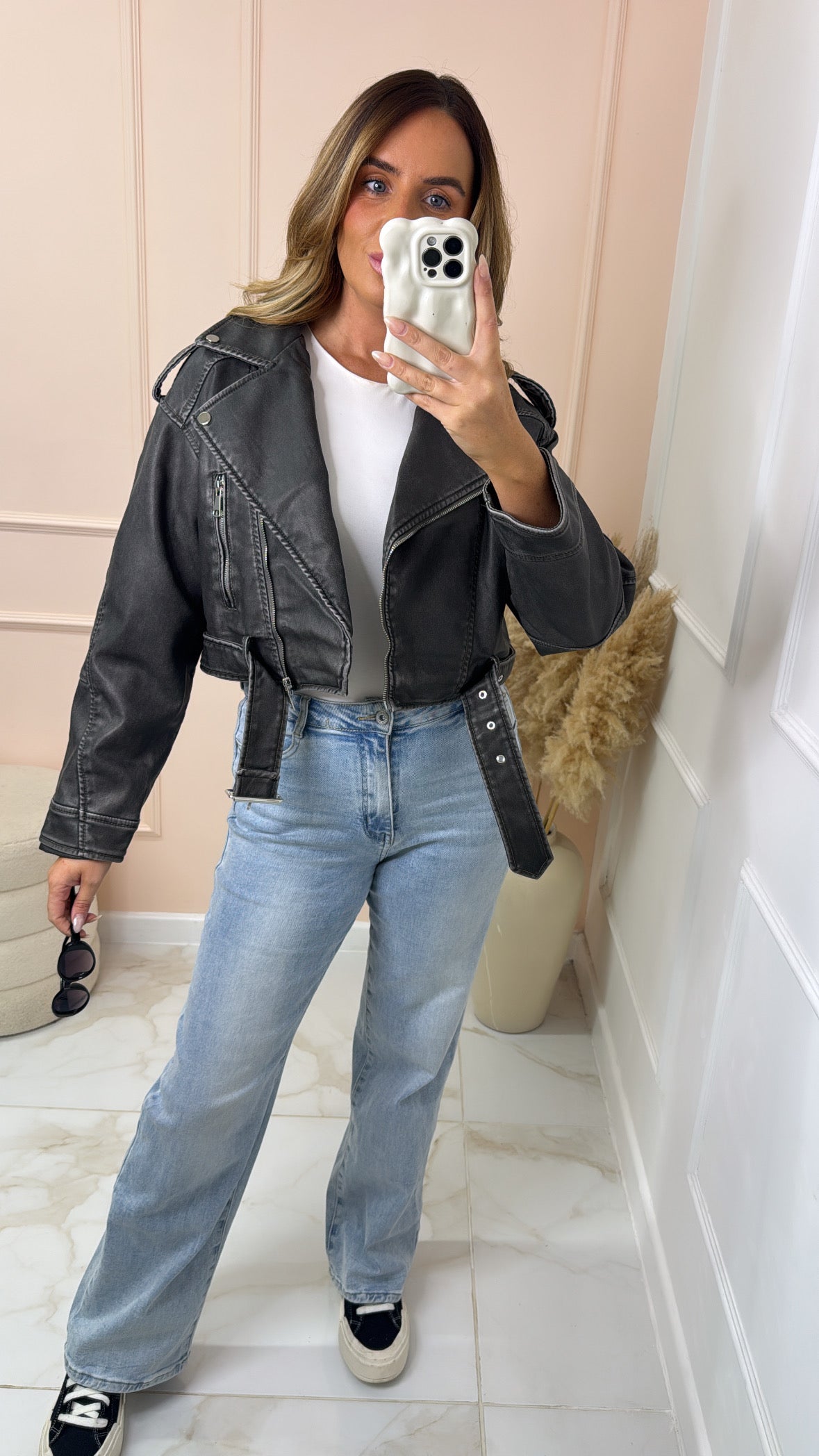 UNA charcoal faux leather cropped biker jacket