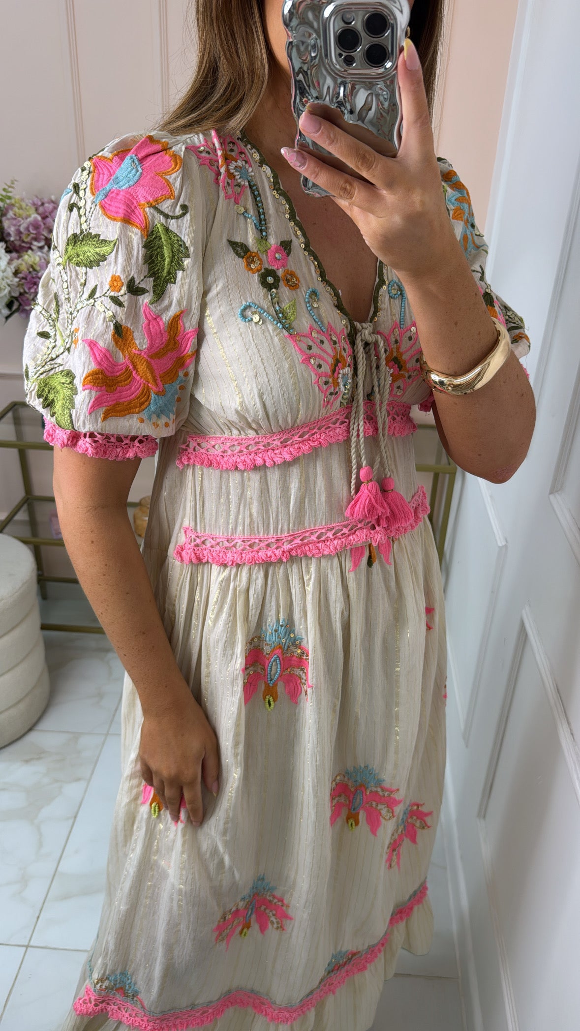 ELLA pink tassle embroidered maxi dress