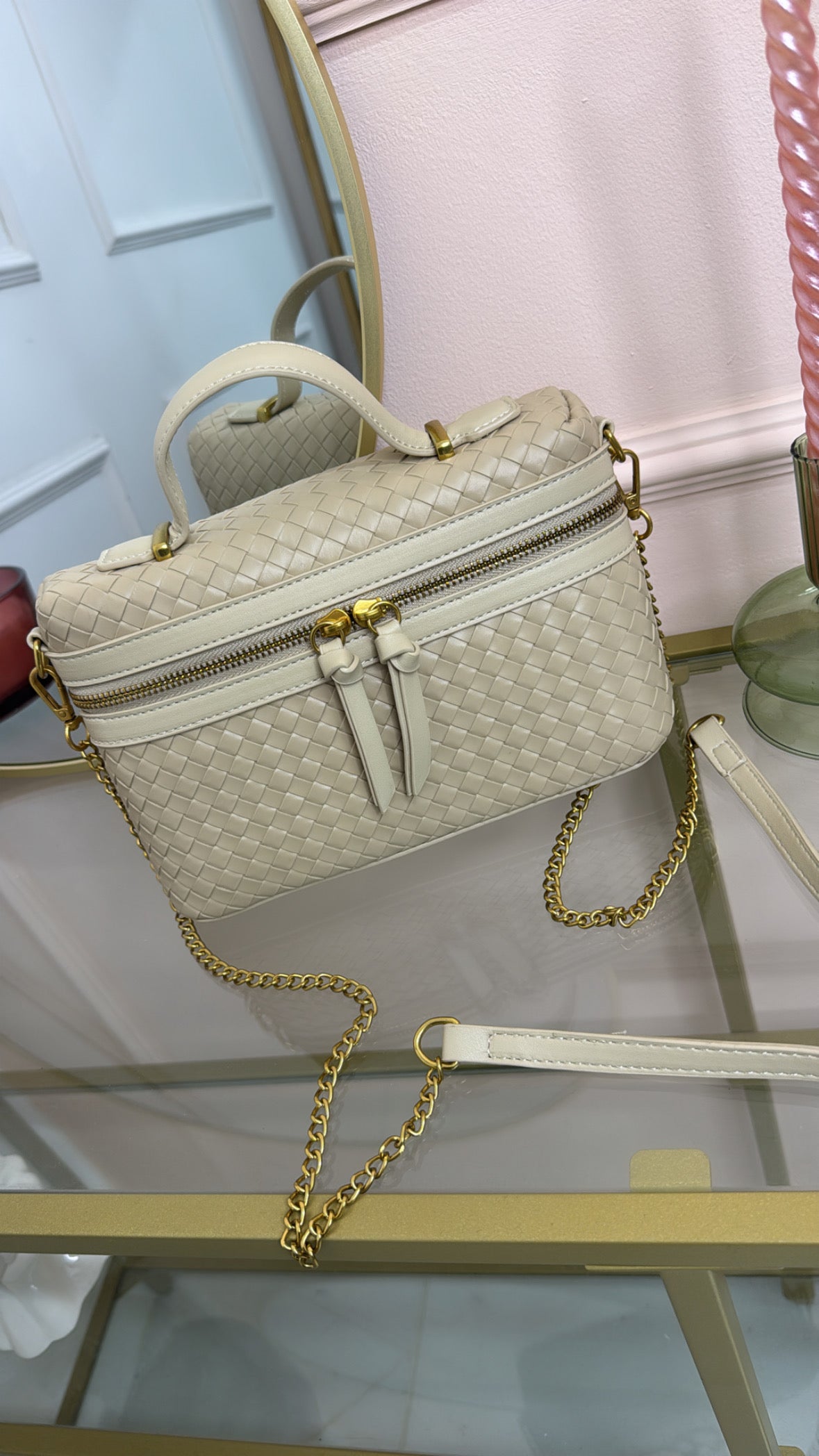 EDIE beige vanity woven crossbody bag