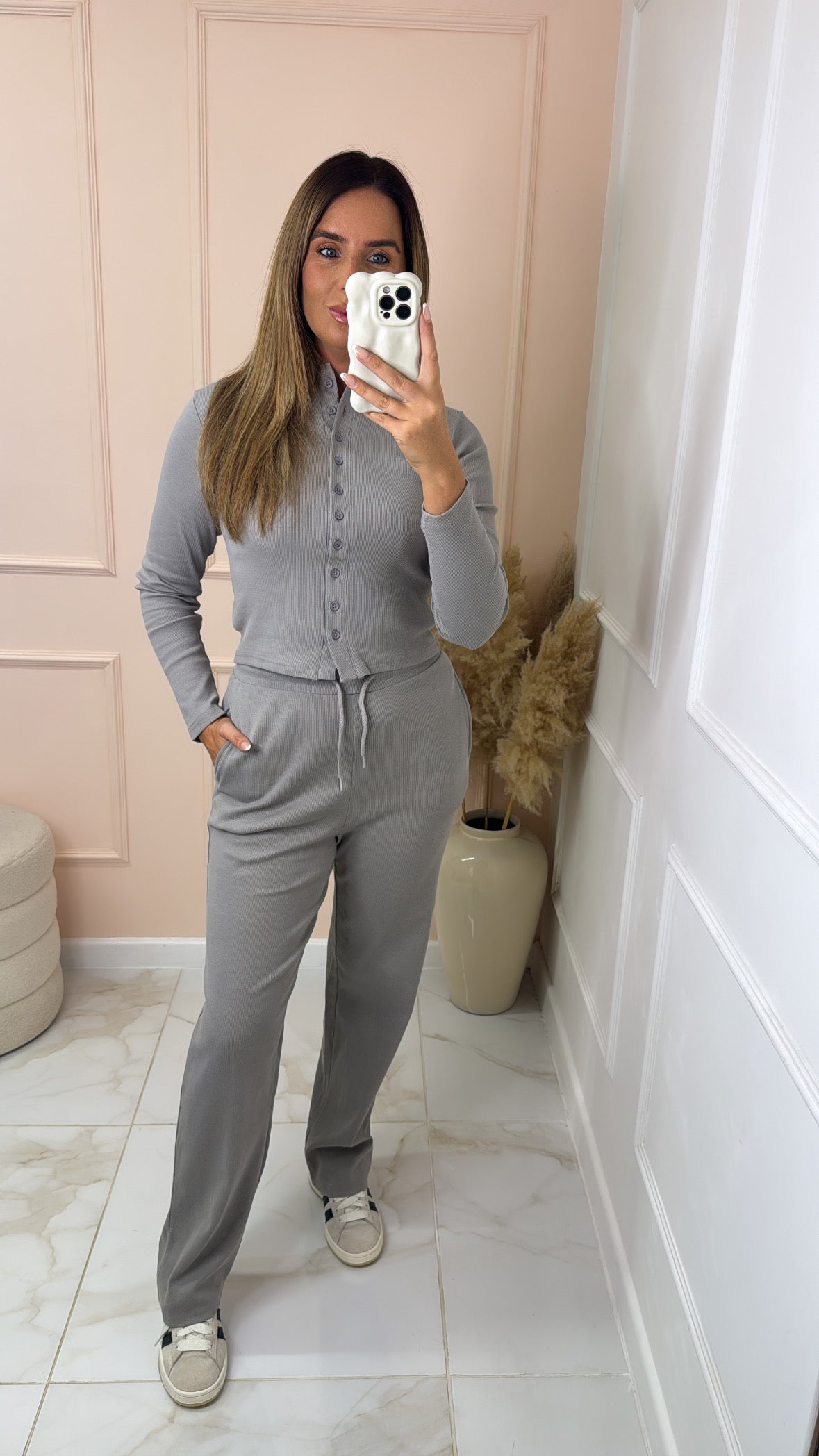 SHARNA dove grey ribbed button lounge set