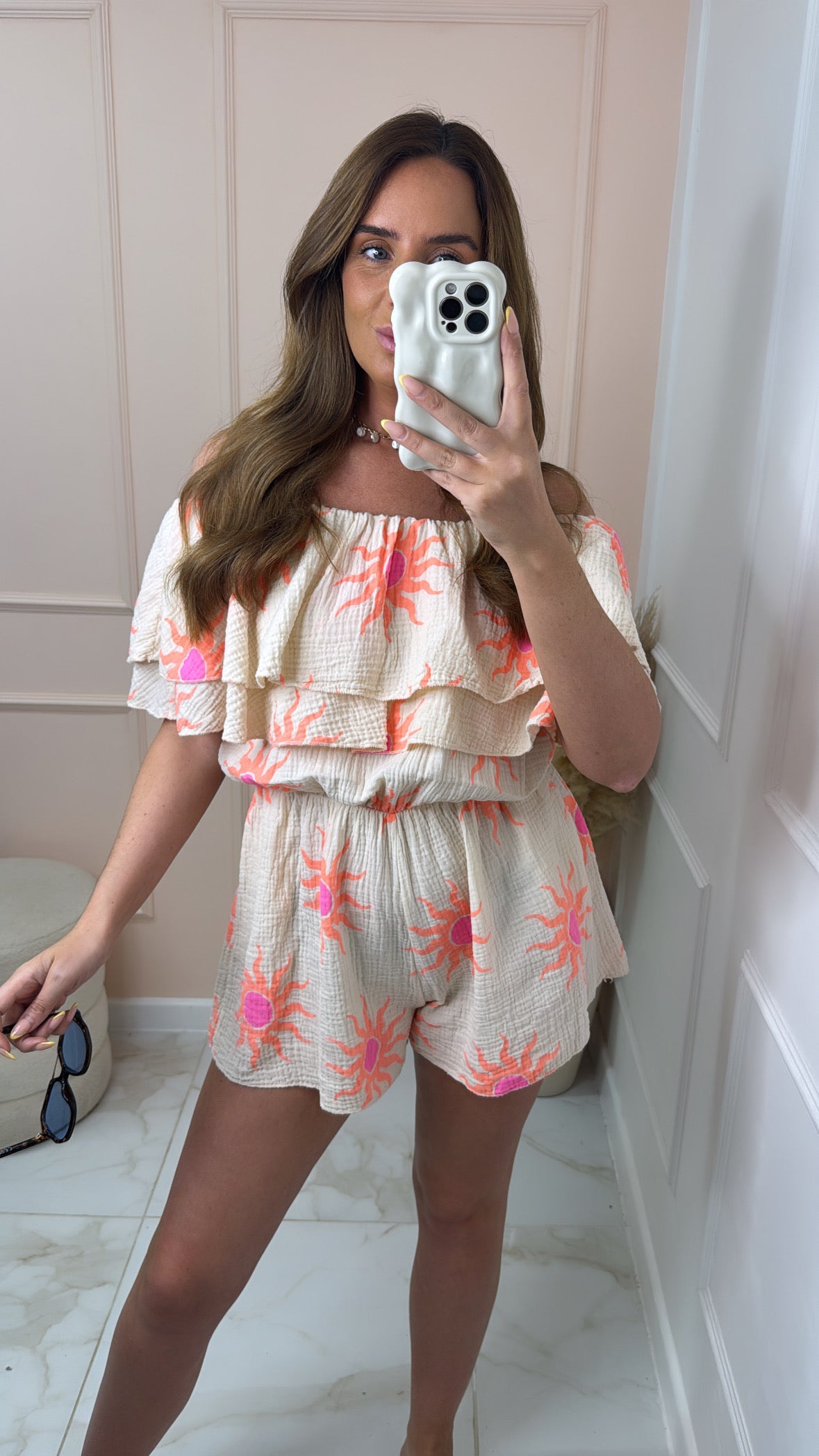 DAHLIA beige sun print frill bardot playsuit