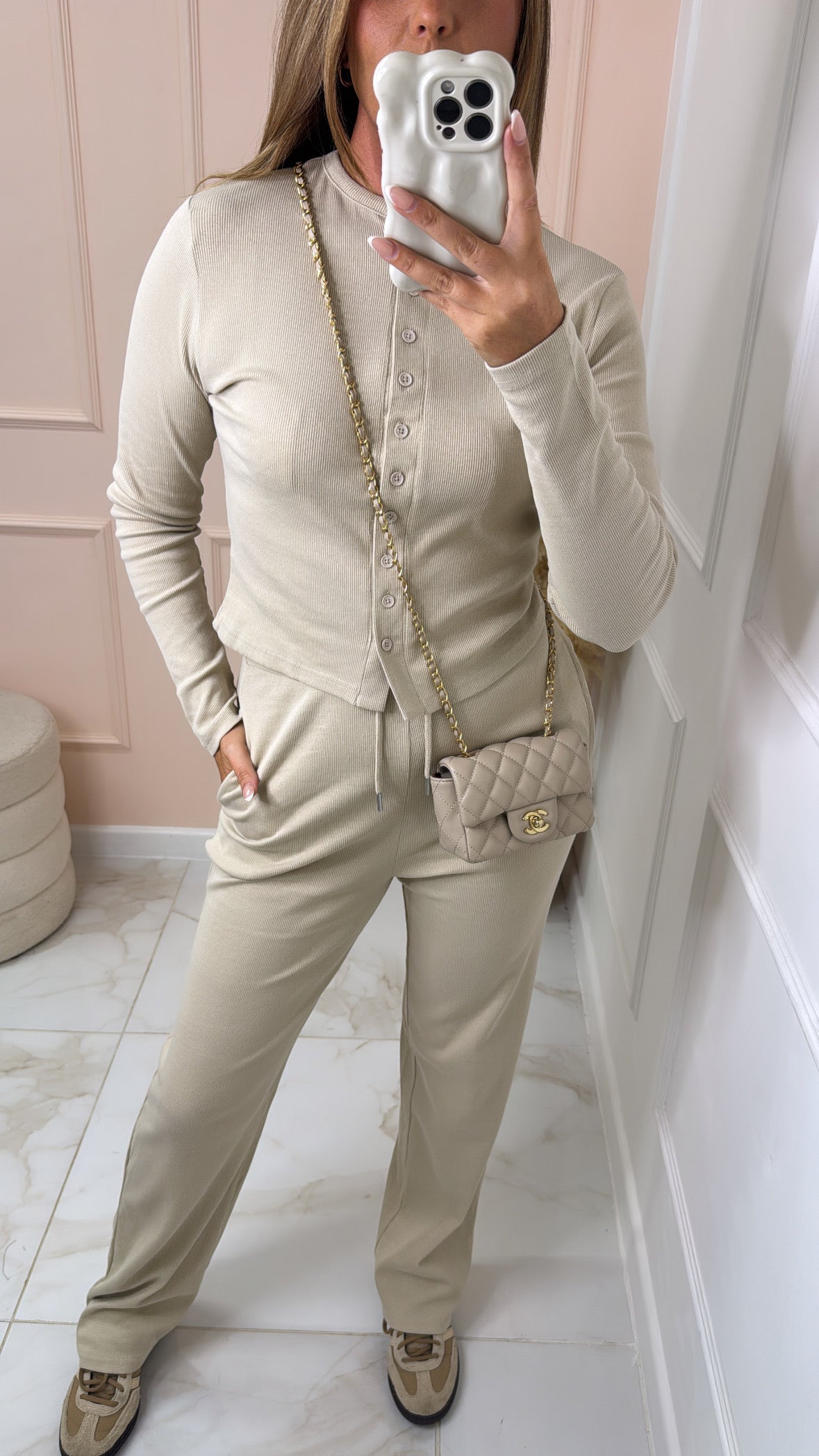 SHARNA beige ribbed button lounge set