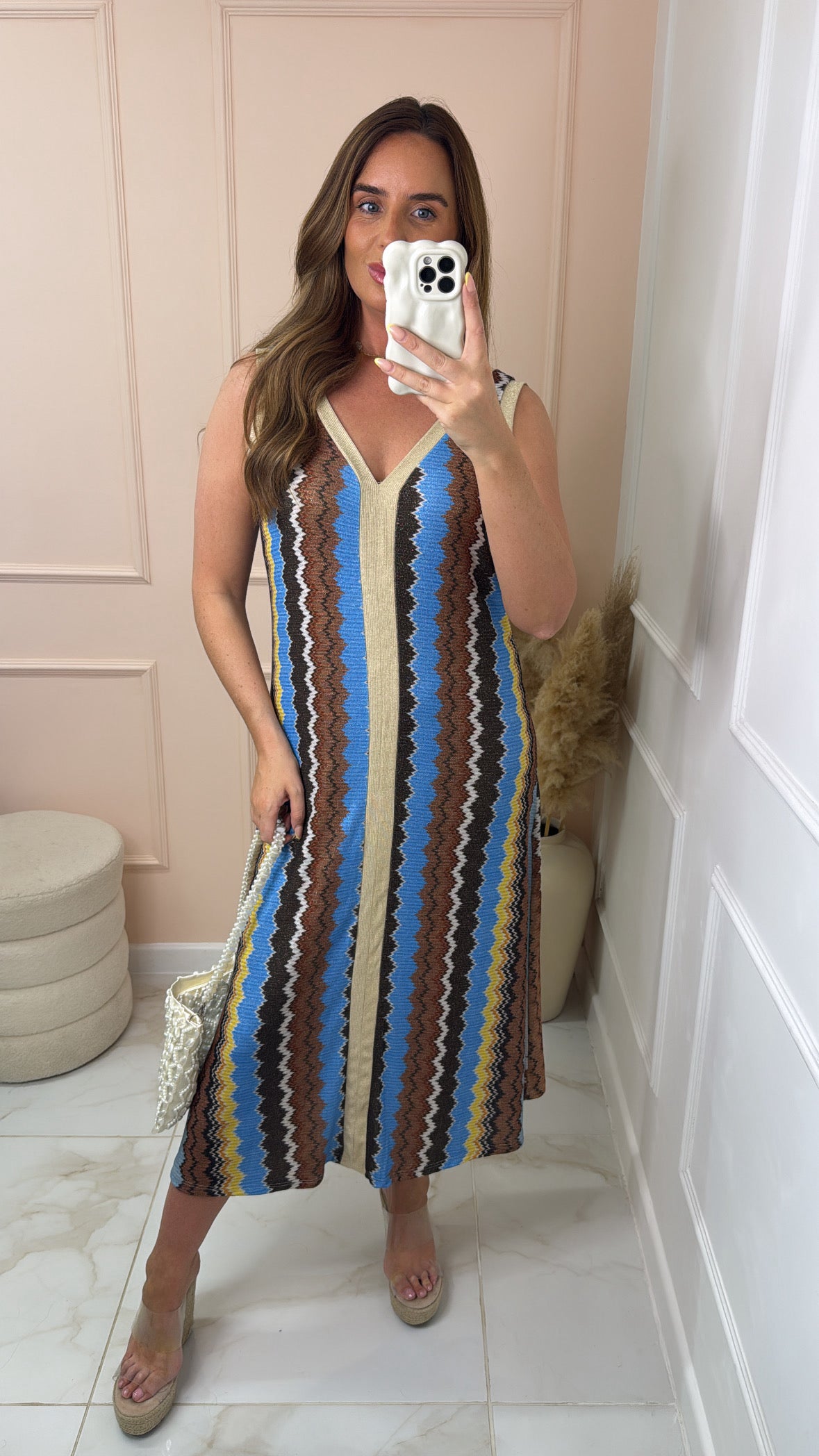 ABBIE brown fine knit zig zag maxi dress