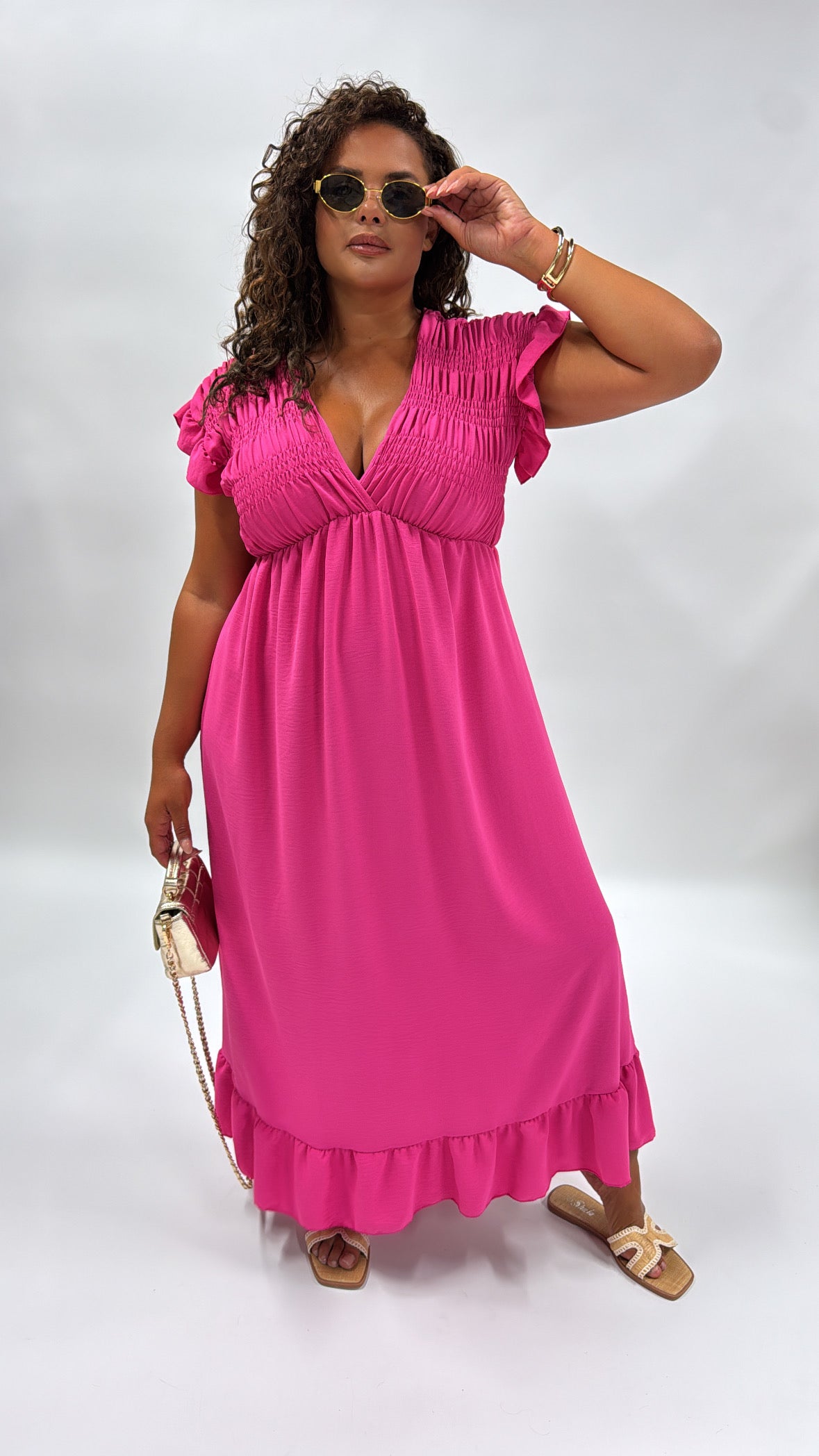 IMOGEN pink frill sleeve maxi dress