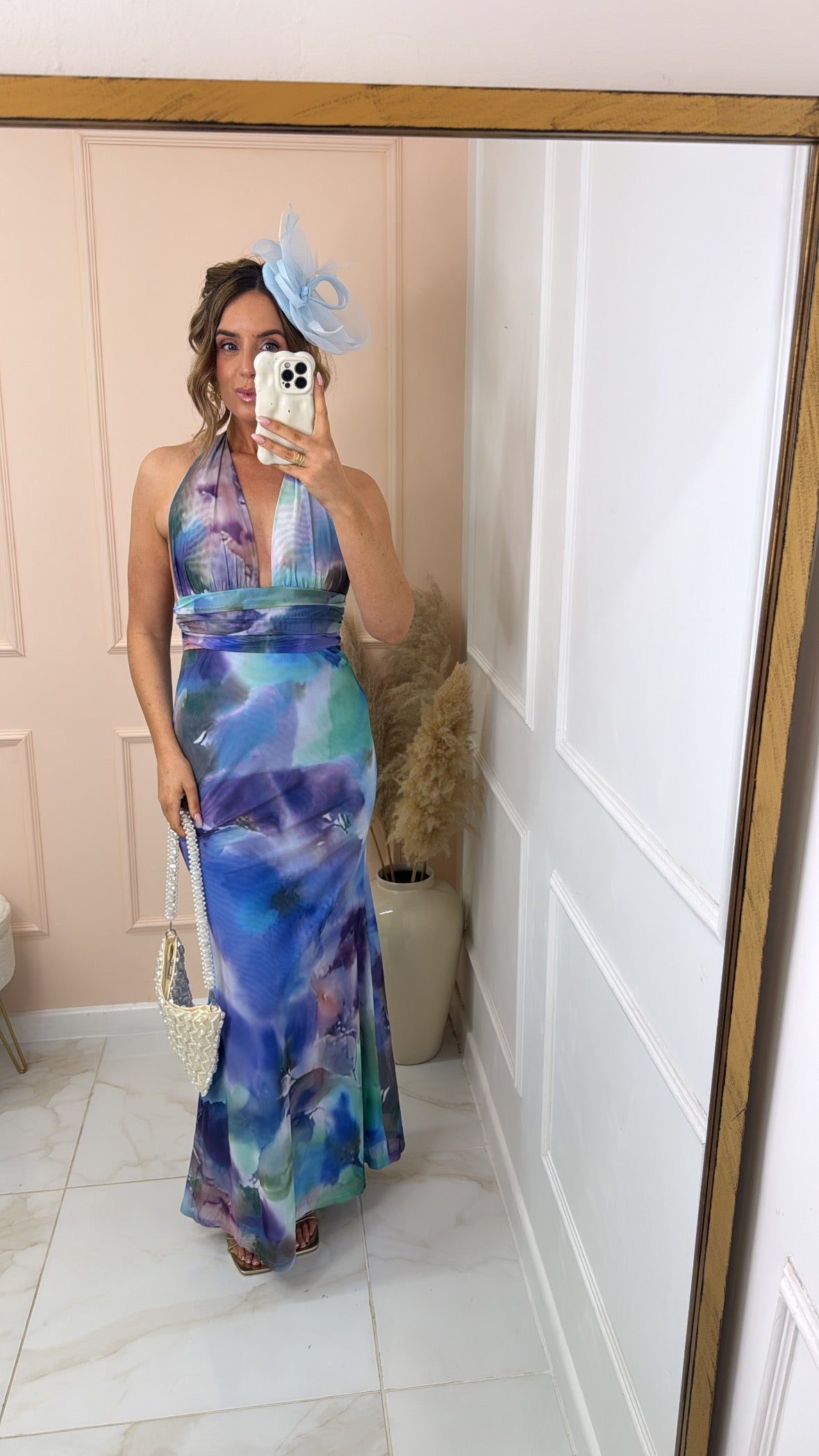 JADE blue abstract halter maxi dress