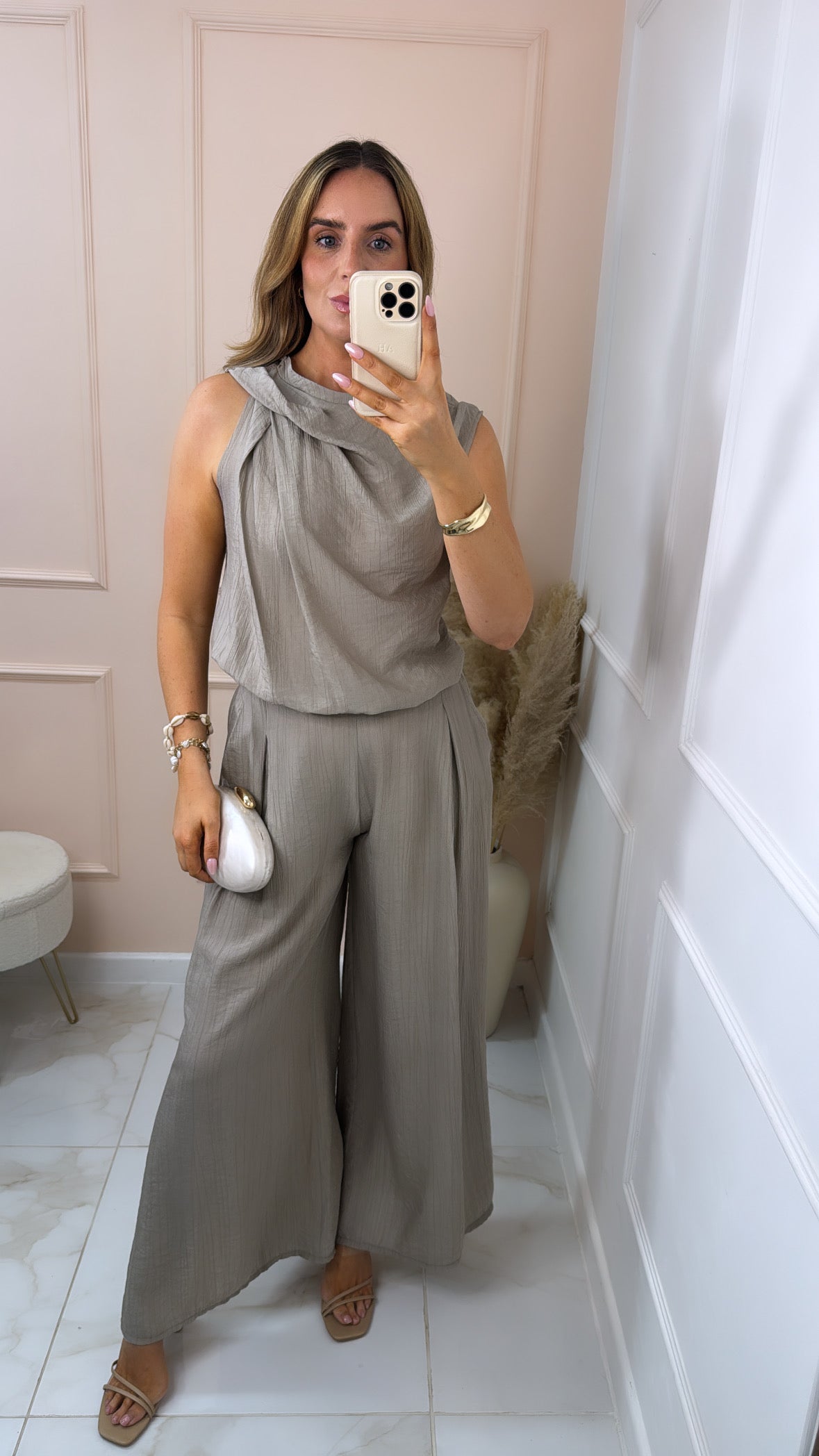 MAEVE taupe gathered detail trouser set