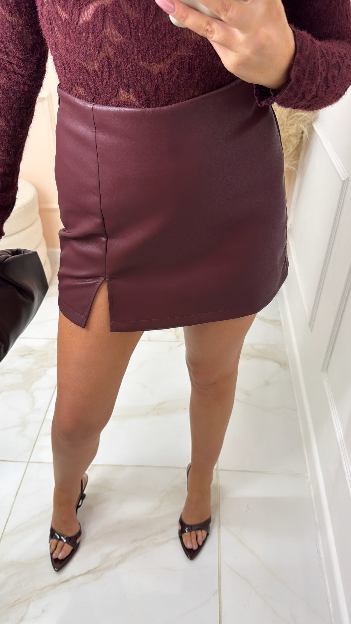 TONI burgundy faux leather split skort