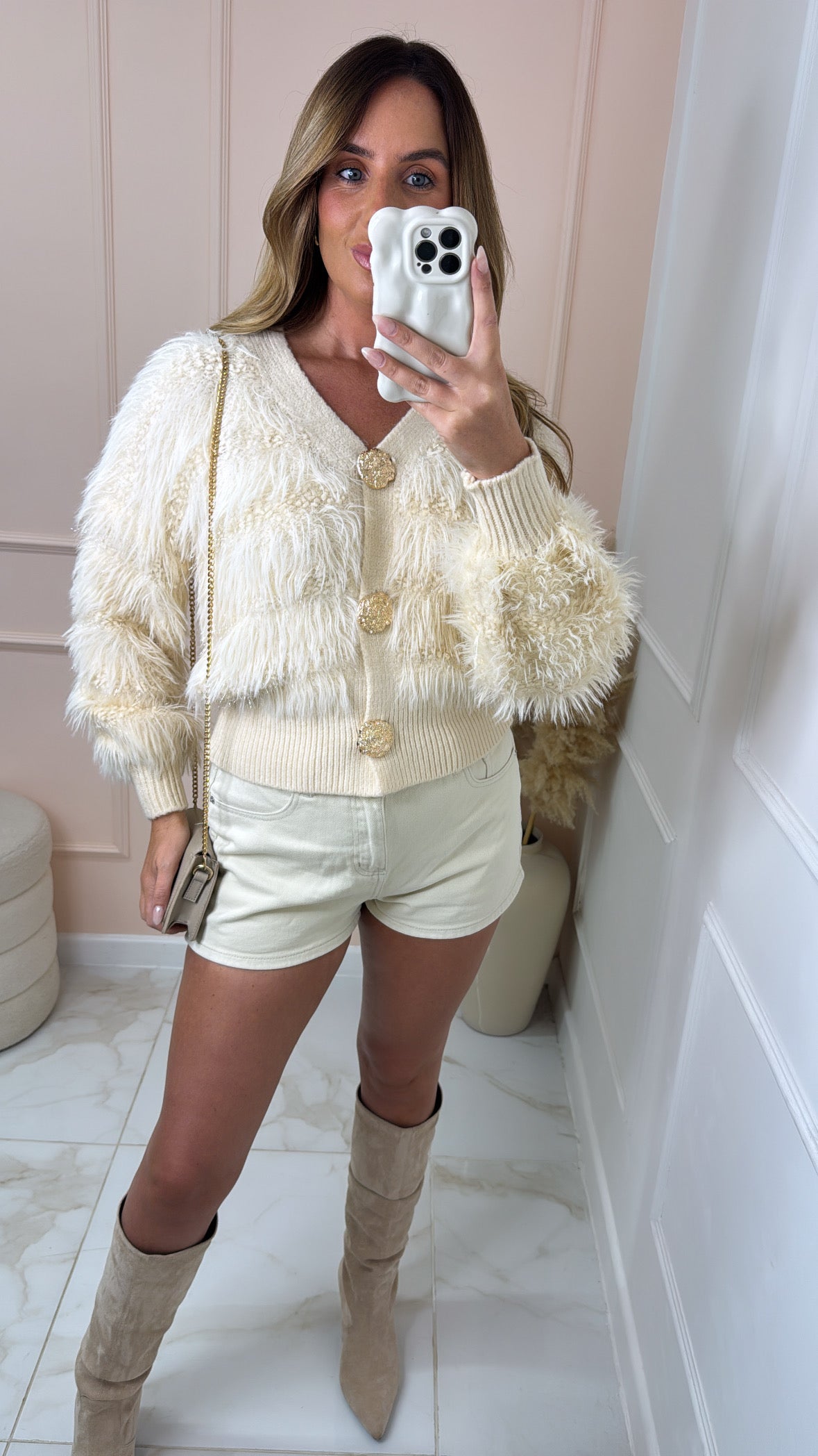 ROBERTA cream faux fur metallic cardigan