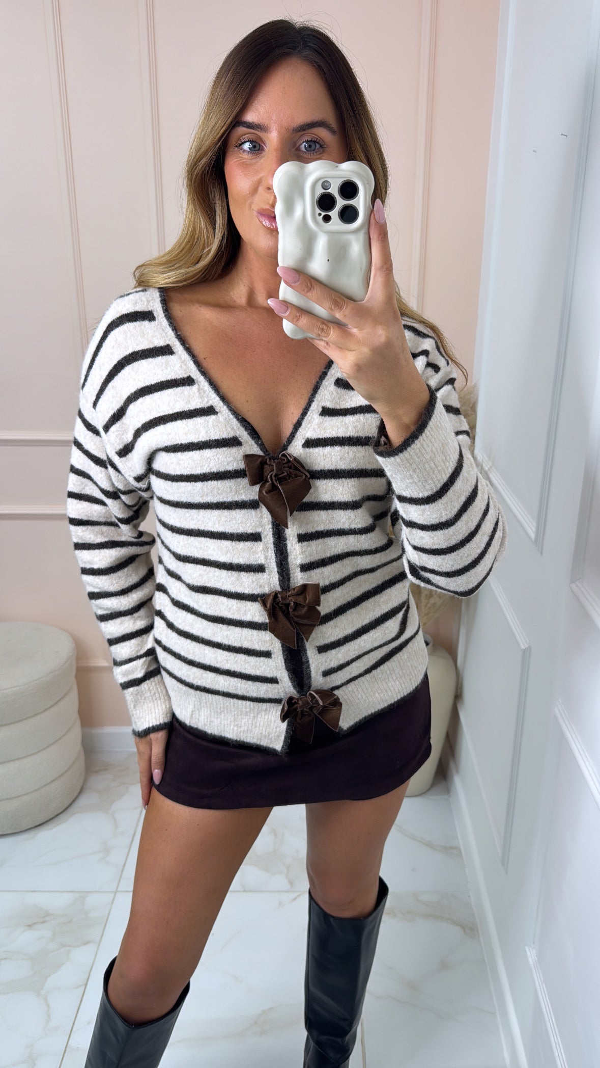 BROOKE beige striped bow jumper