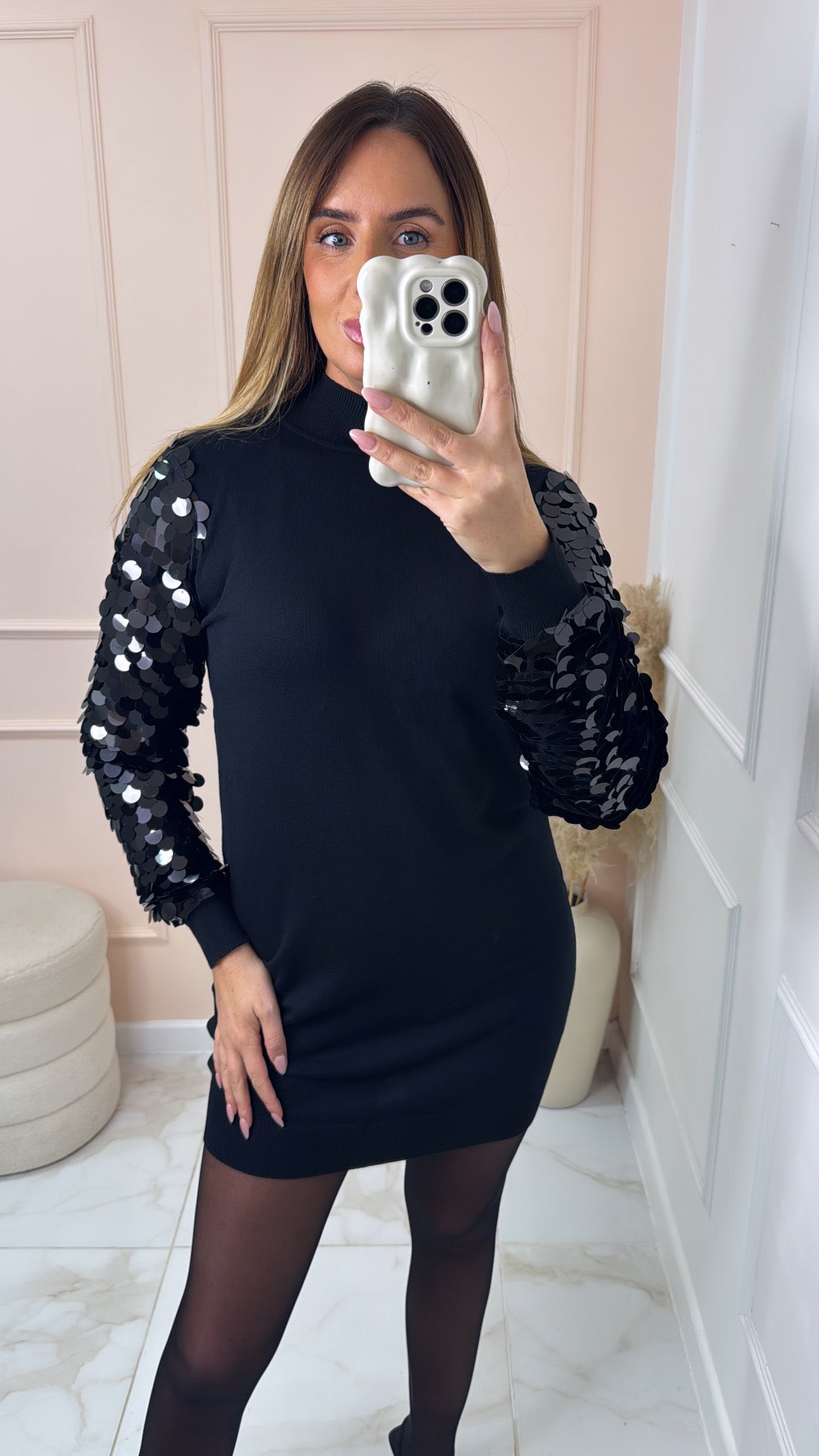 YASMIN black sequin sleeve jumper dress