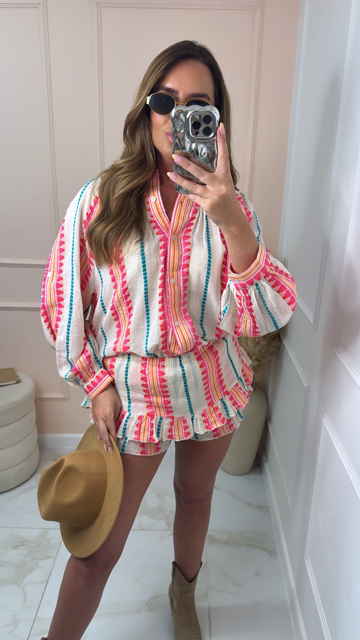 FELICITY coral aztec embroidered skort set