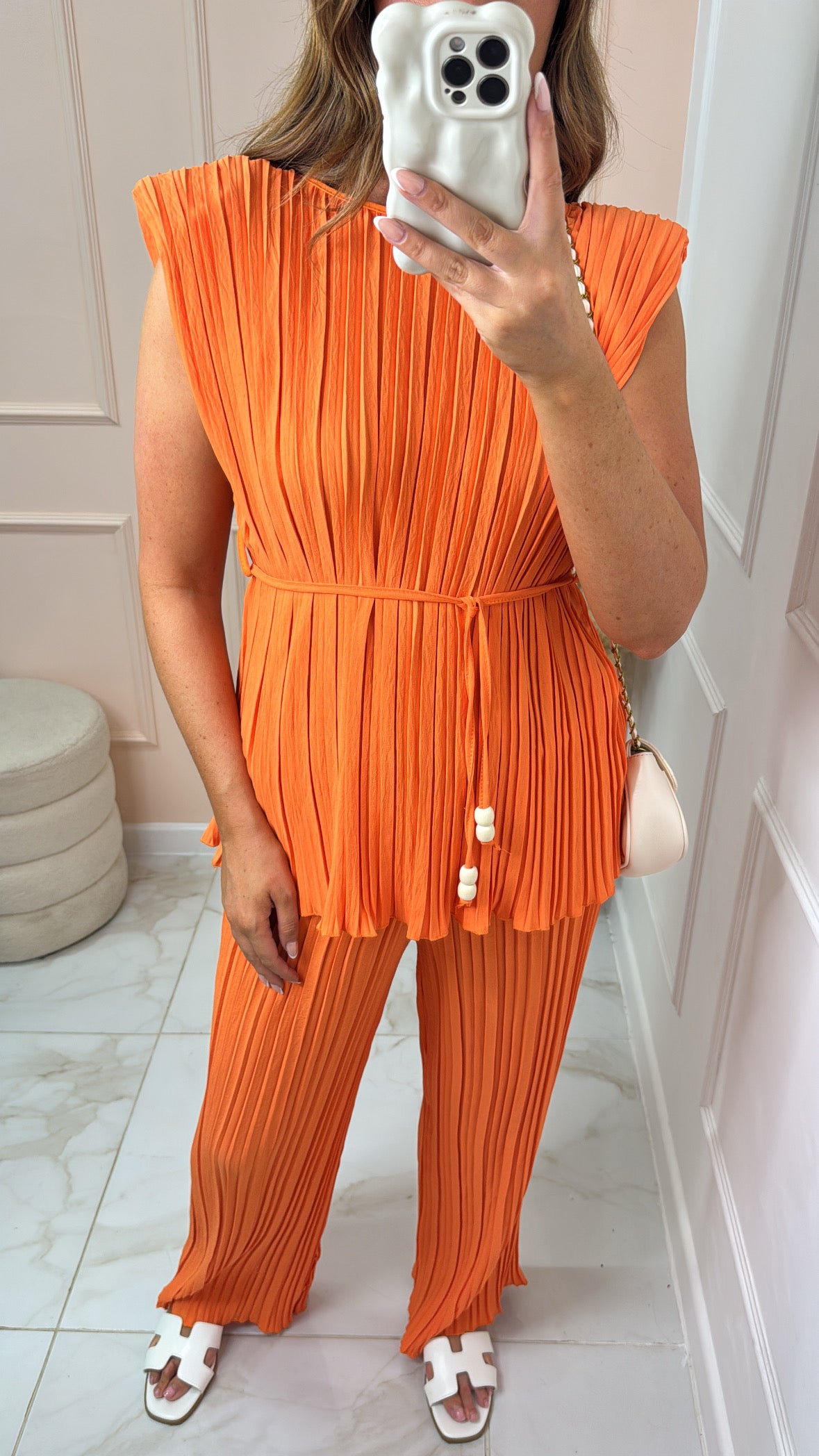 IZZY orange pleated shoulder pad trouser set