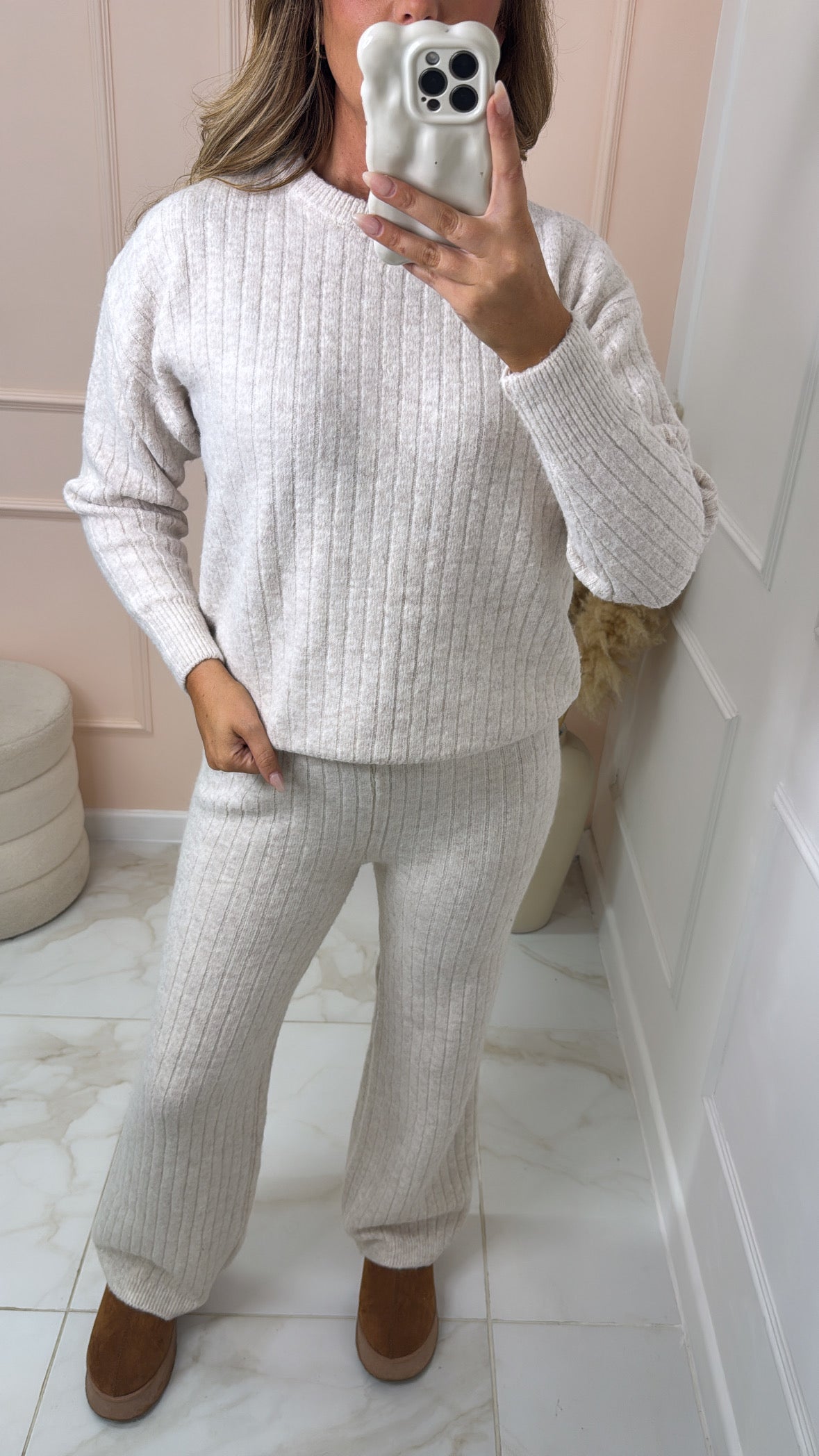 MILLIE oatmeal ribbed soft knit lounge set