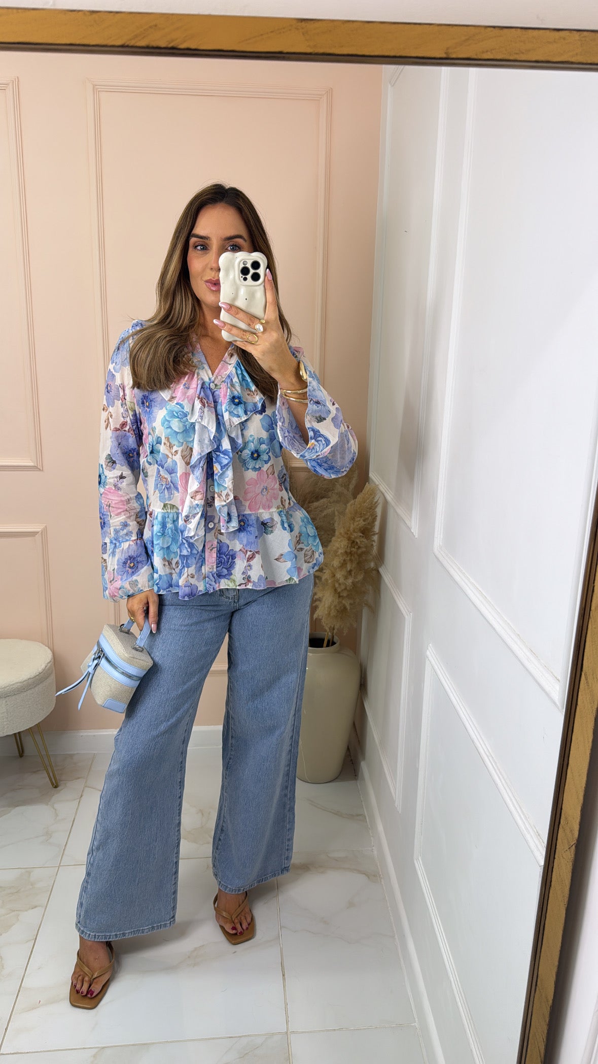 LYLA blue floral ruffle blouse