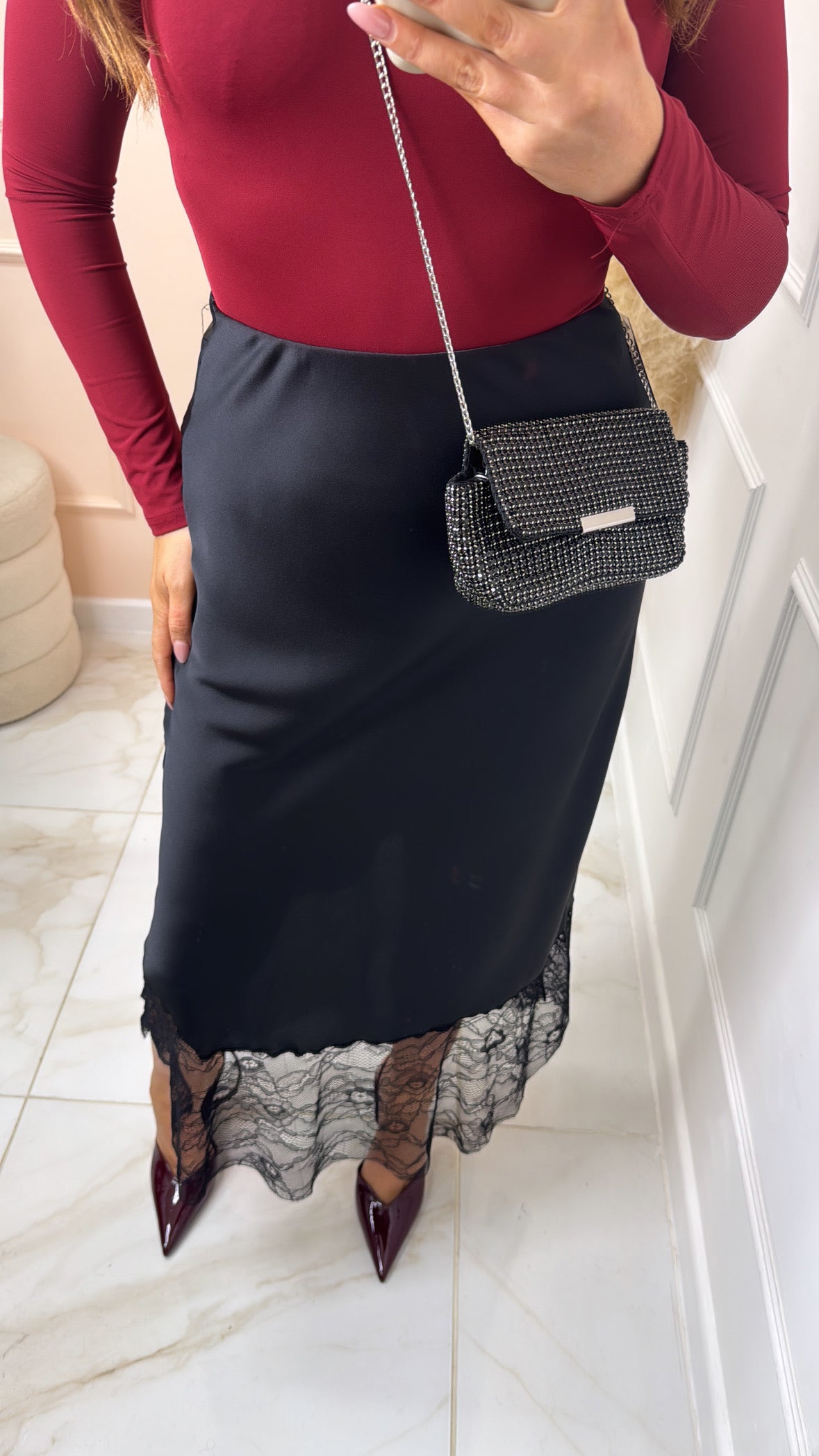 SHARNA black satin lace midaxi skirt