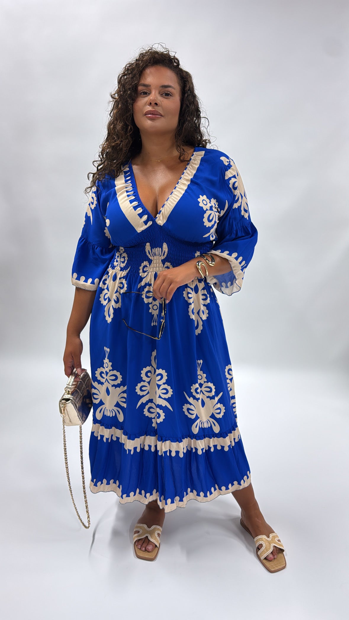 BRODIE blue printed shirred maxi dress