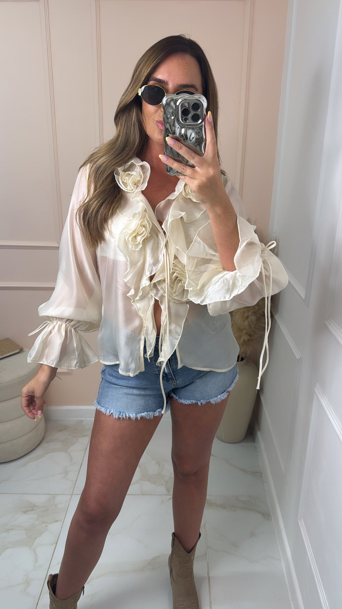 VIOLET beige floral sheer blouse