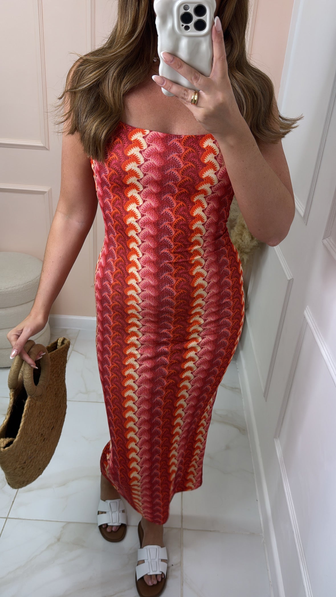 EMMA coral zig zag wave print midi dress