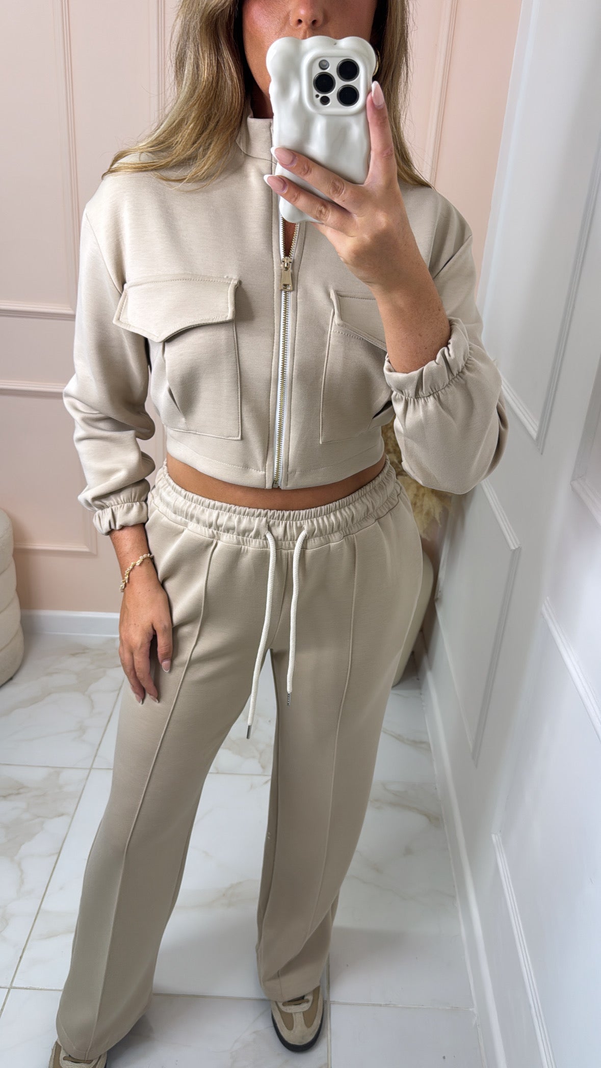 MIA beige zip up utility lounge set
