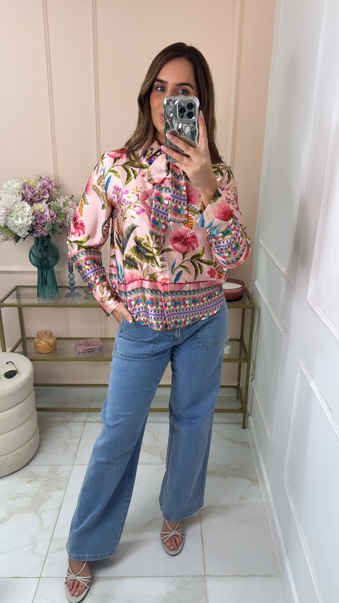 FLORENCE pink floral satin tie blouse