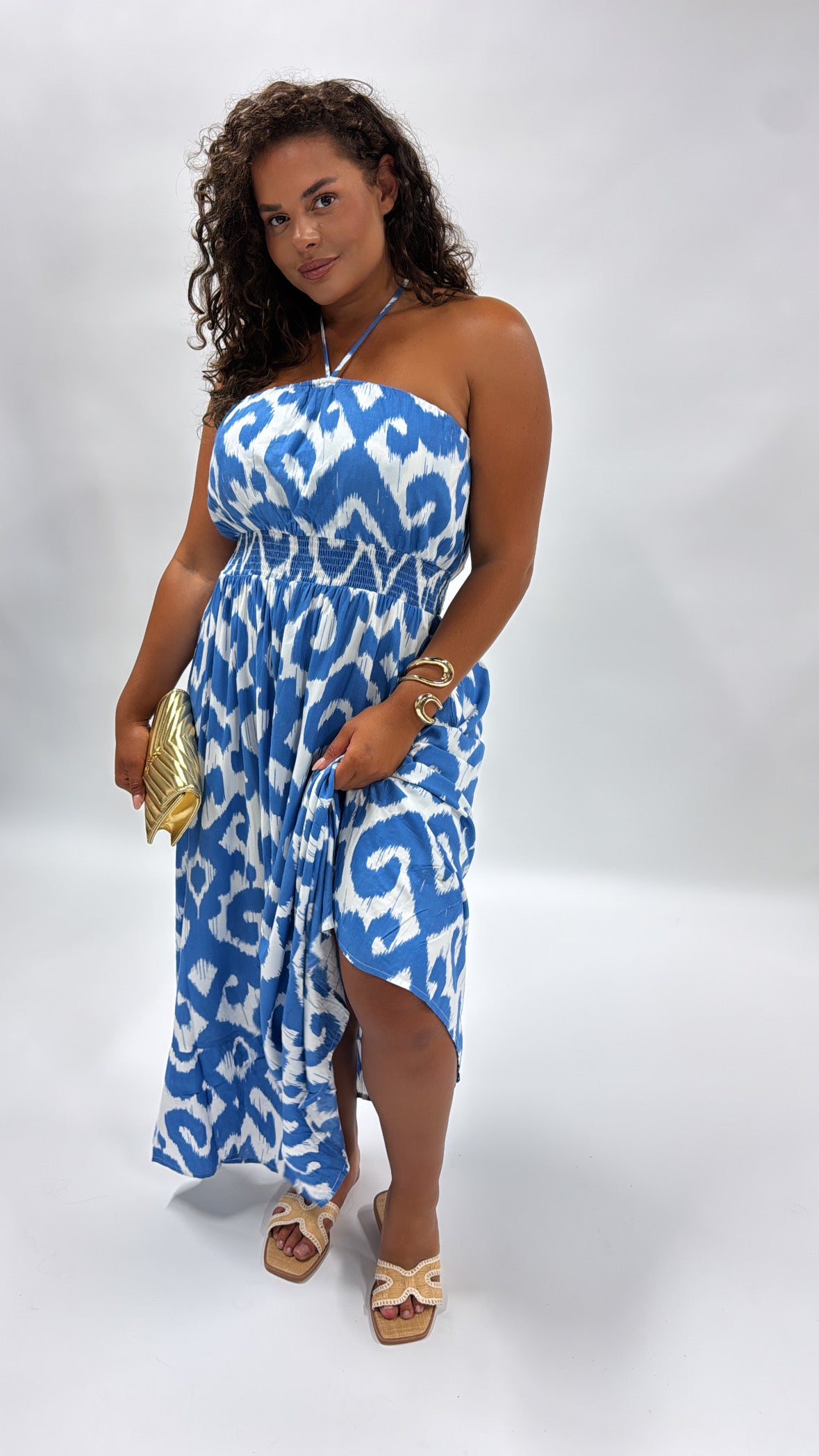 ROSE blue patterned bandeau maxi dress