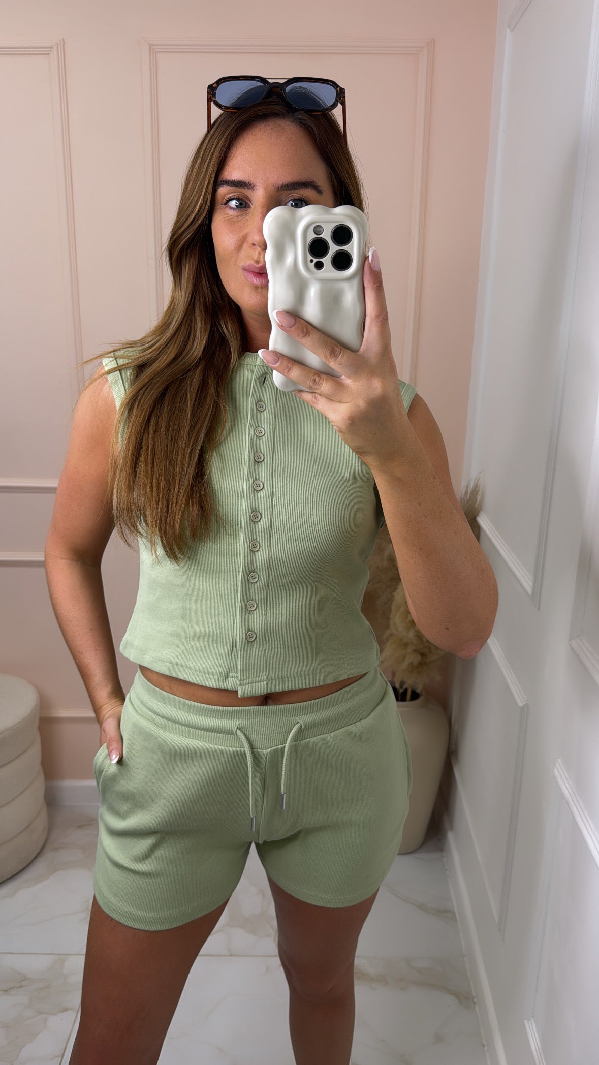MAEVE sage button short lounge set