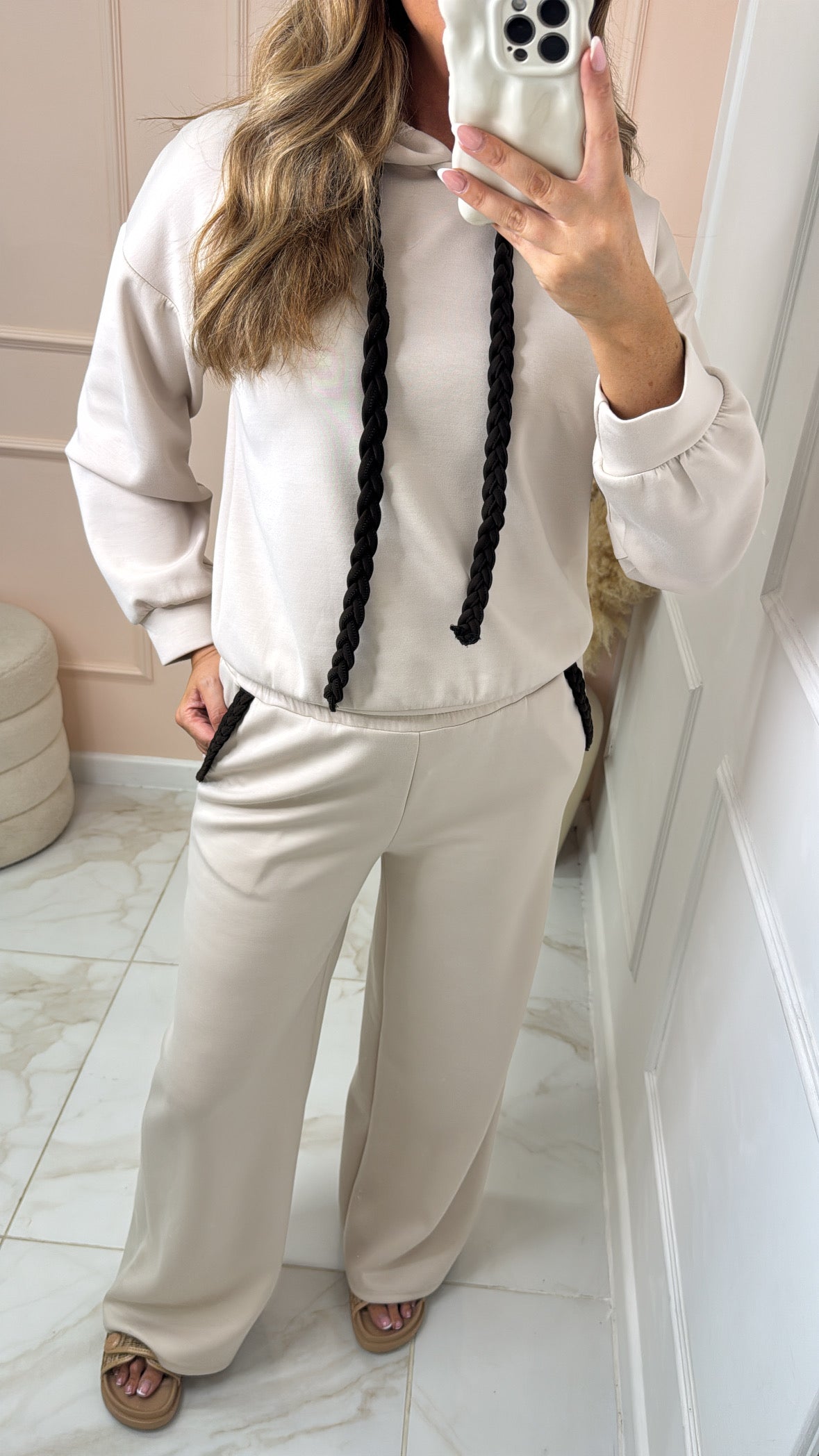 NANCY beige plait detail hooded lounge set