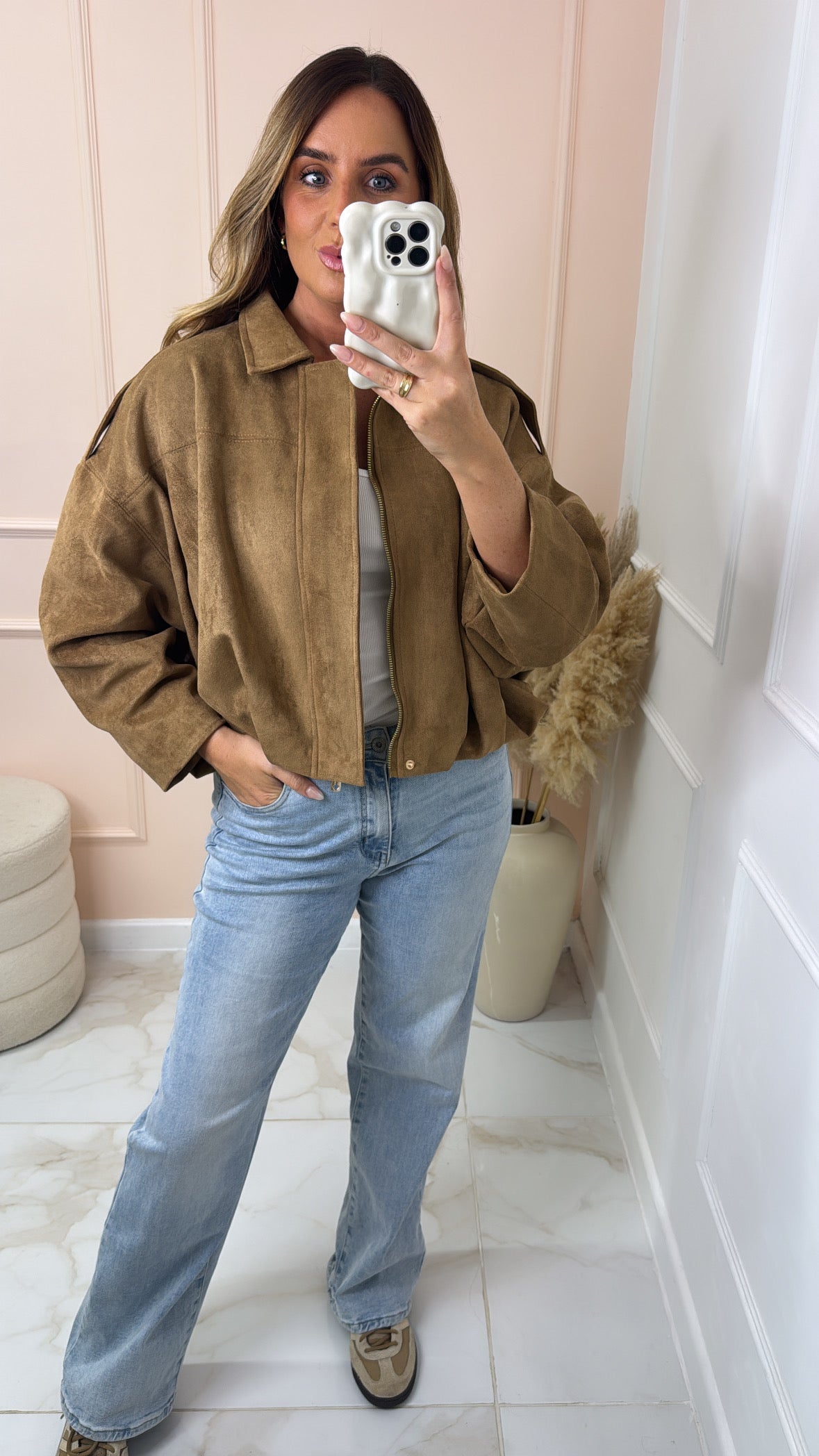 MABEL tan puffball suede jacket