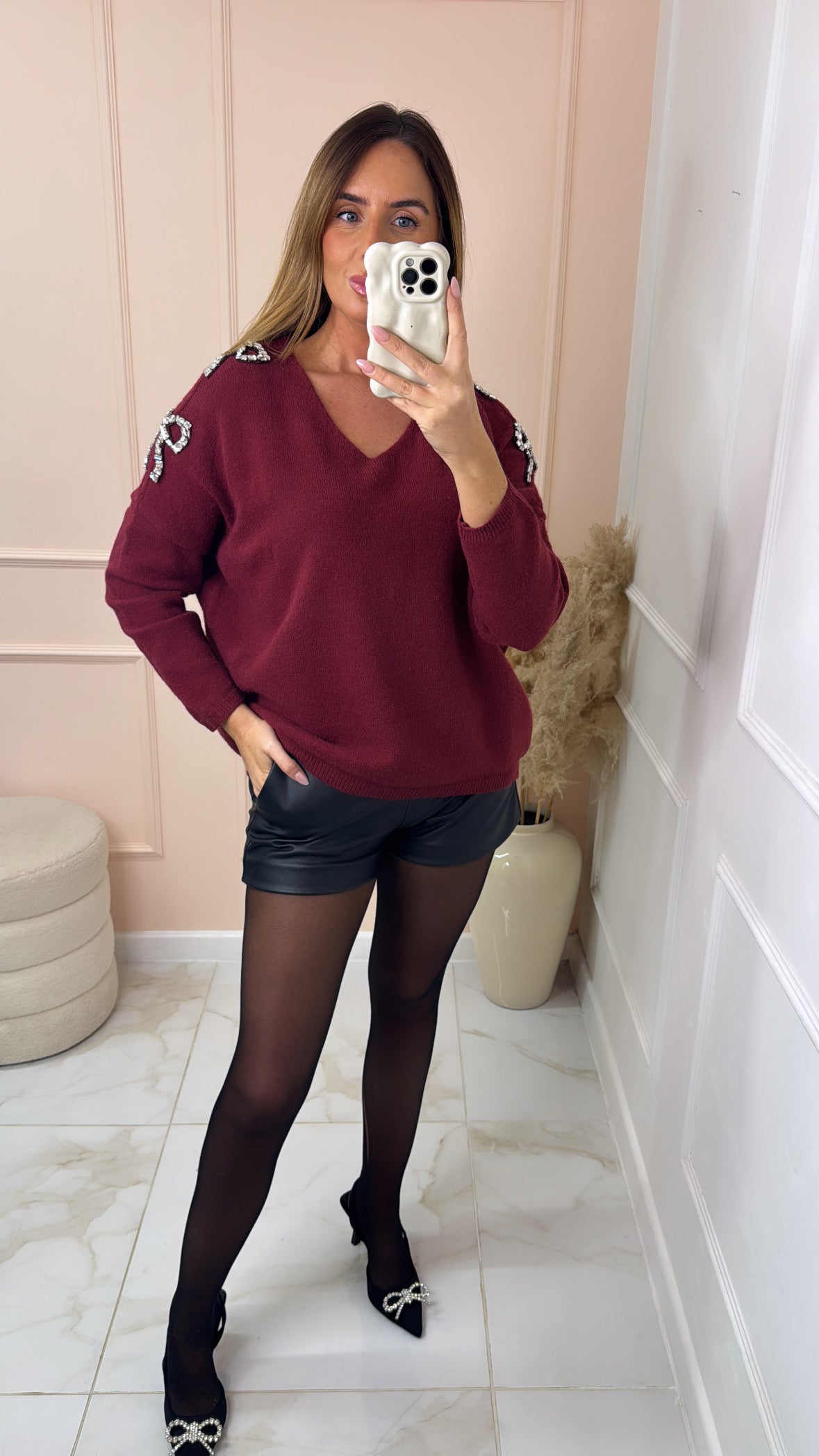 ISLA burgundy diamante bow detail jumper
