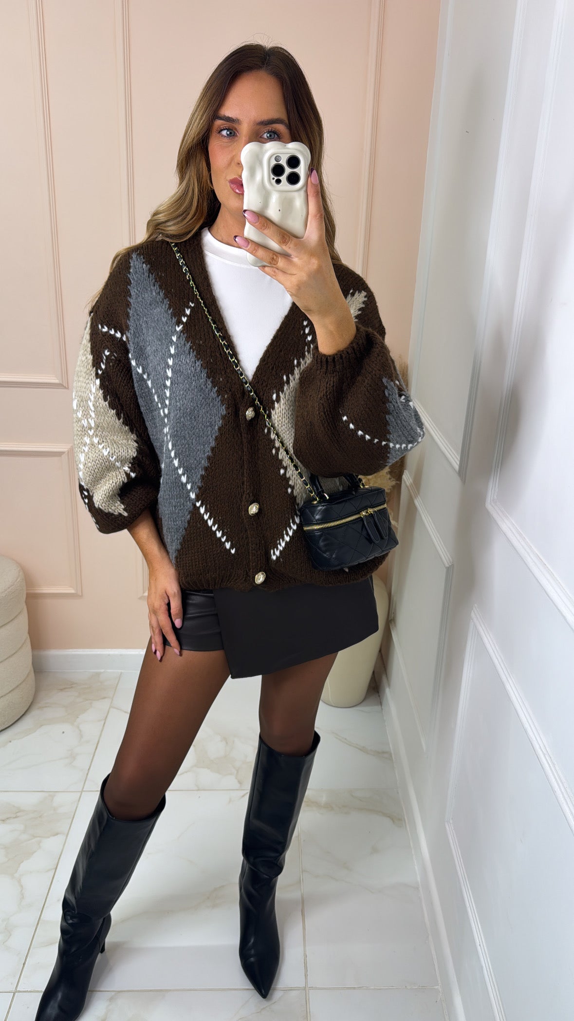 DARCIE brown argyle button front cardigan