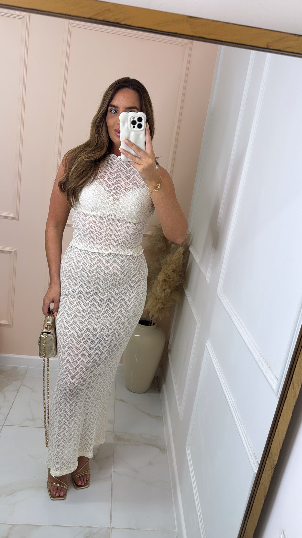 HONEY cream mesh maxi skirt co ord