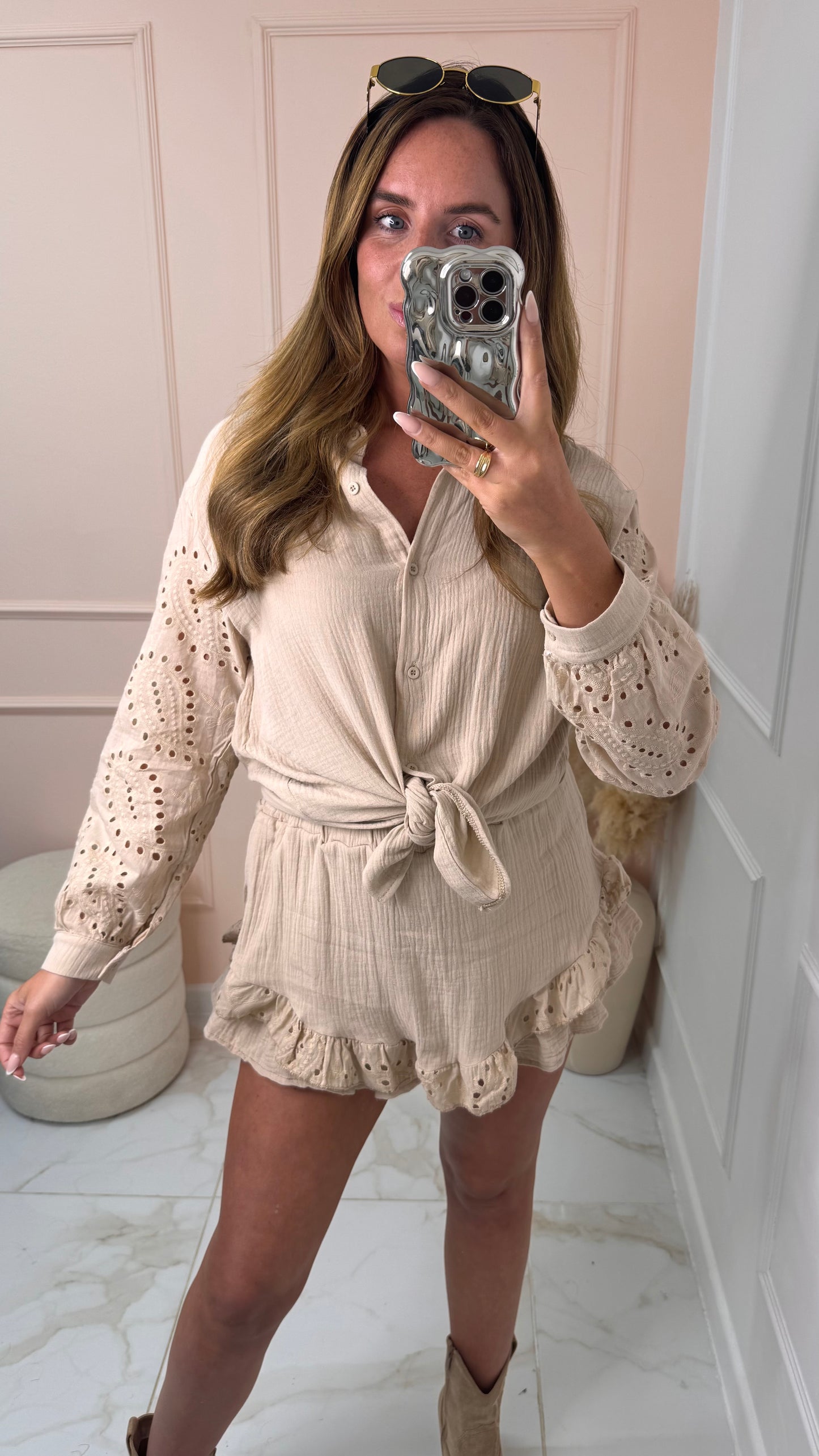 SIENNA beige broderie skort set