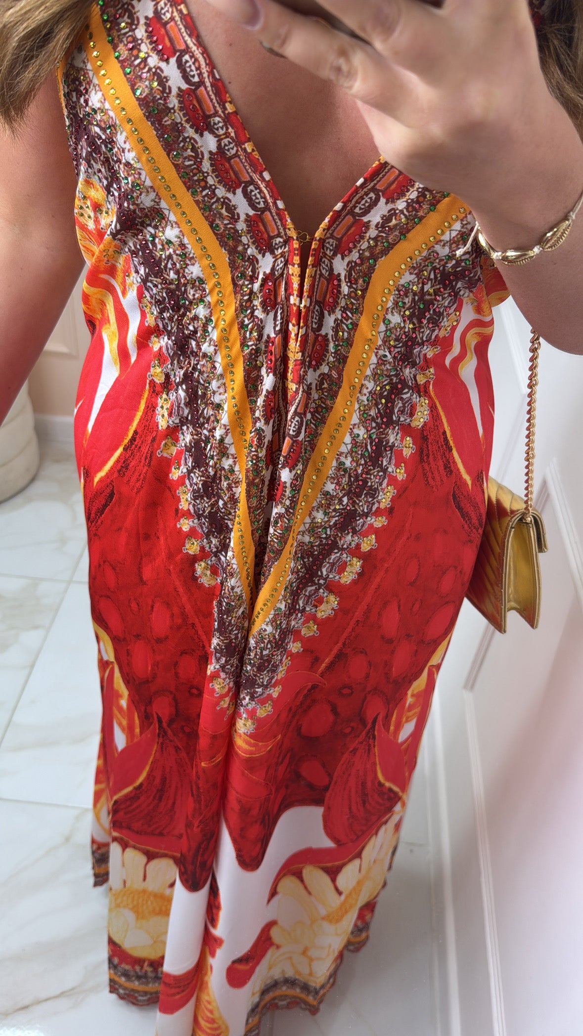 CHRISSIE red printed halter neck maxi dress