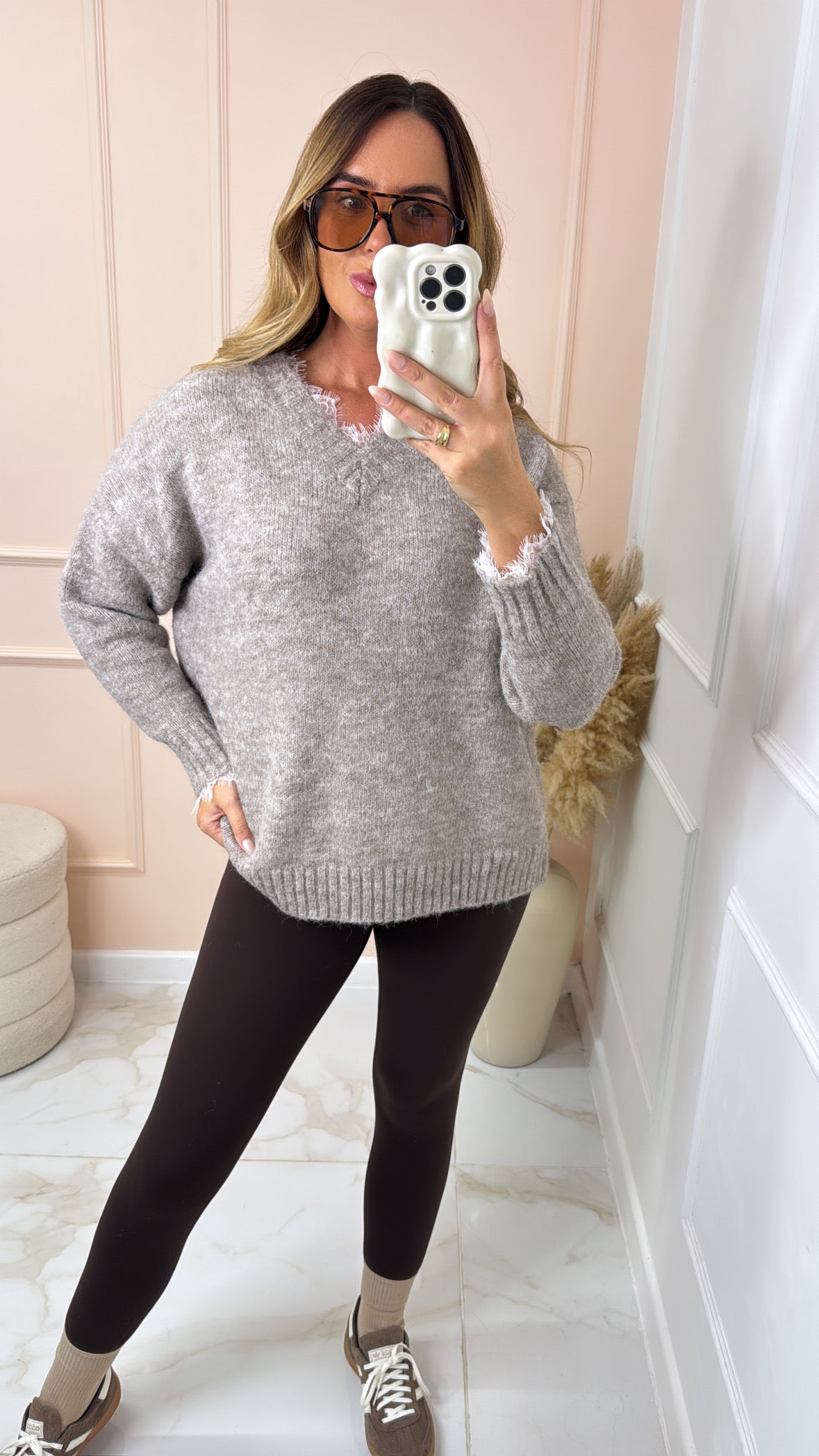 LUNA taupe lace trim knit fluffy jumper