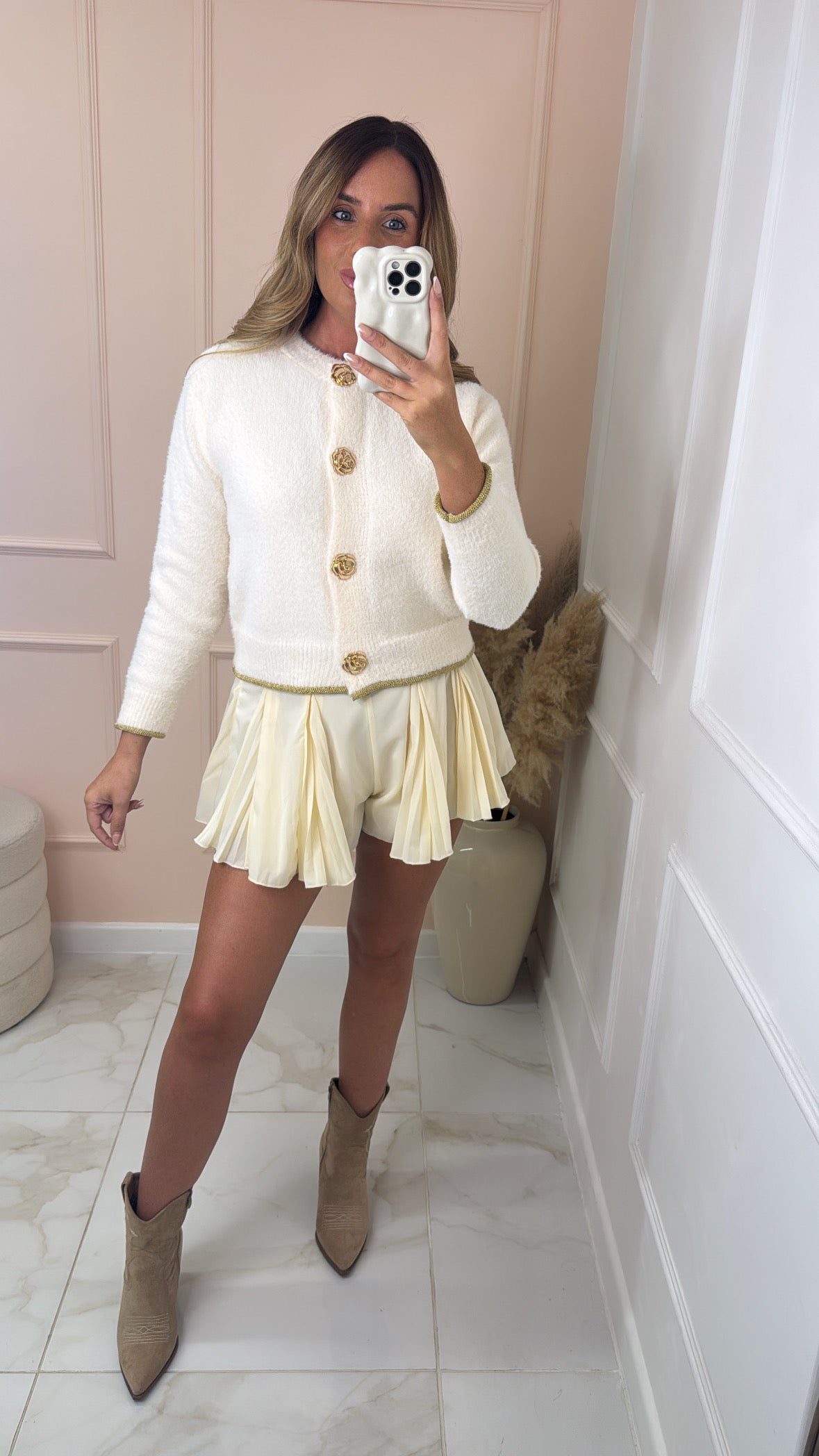 SADIE cream rose button metallic trim cardigan