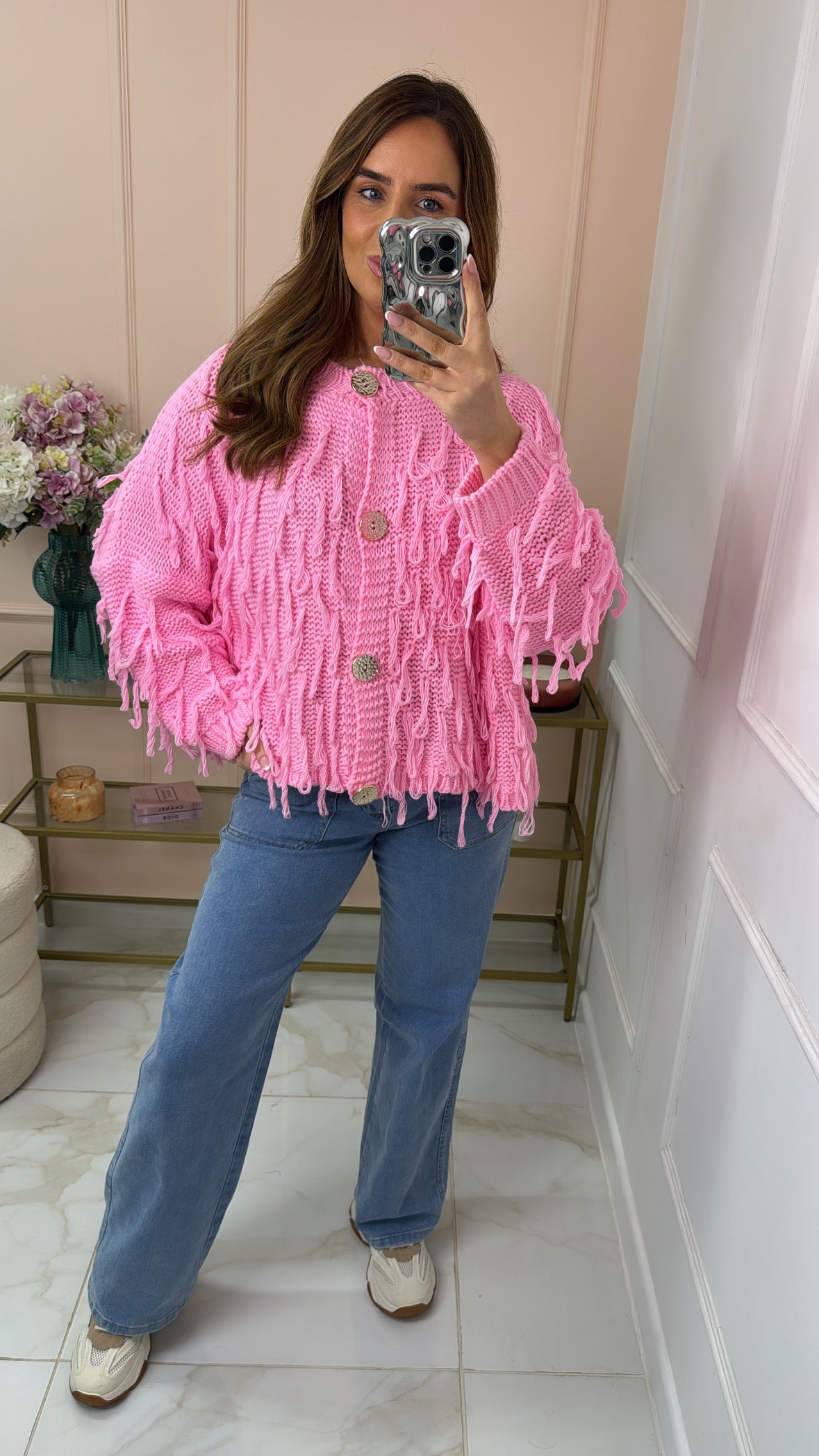 FLORENCE pink shaggy gold button cardigan
