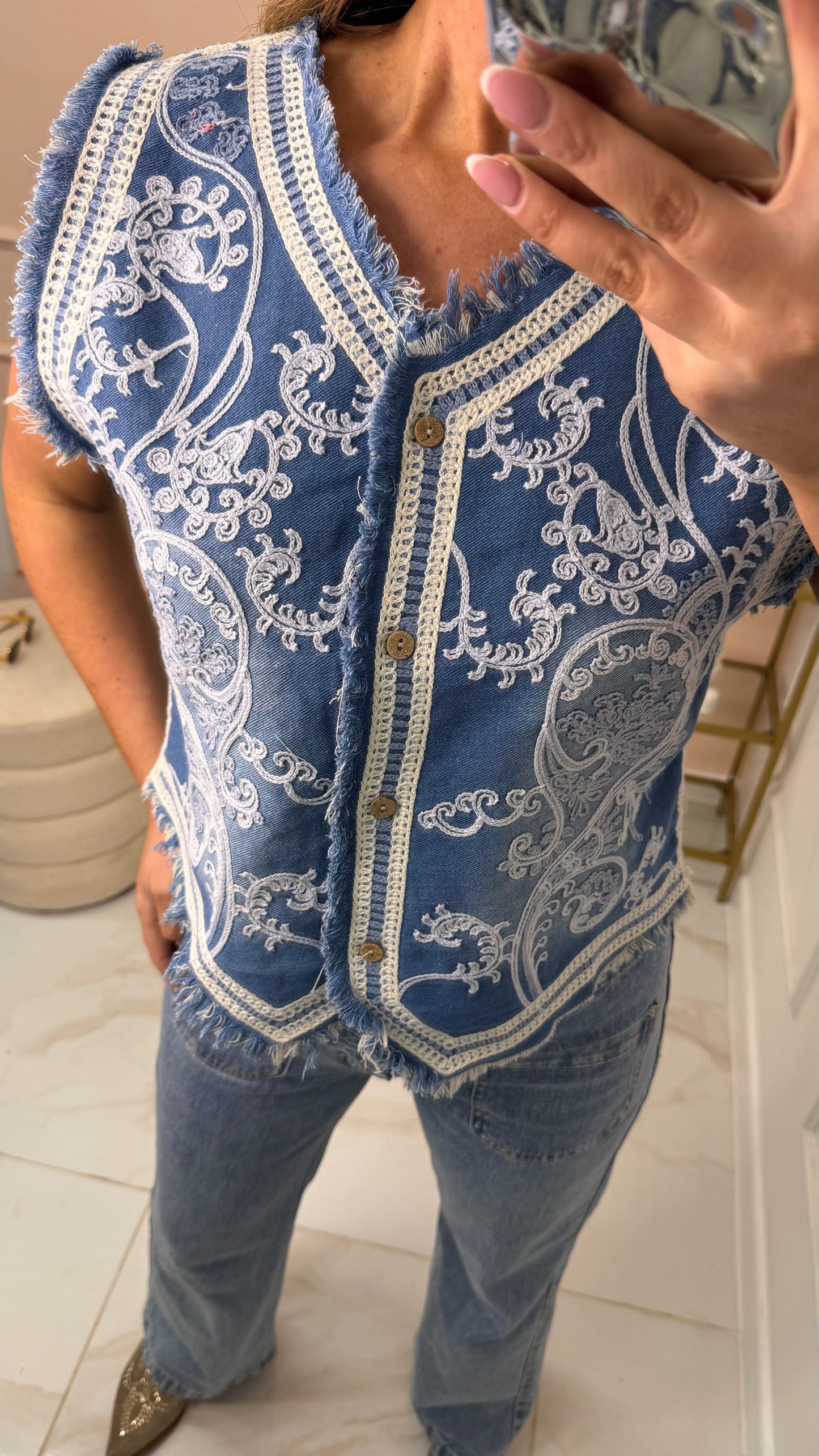 PERLA denim embroidered waistcoat