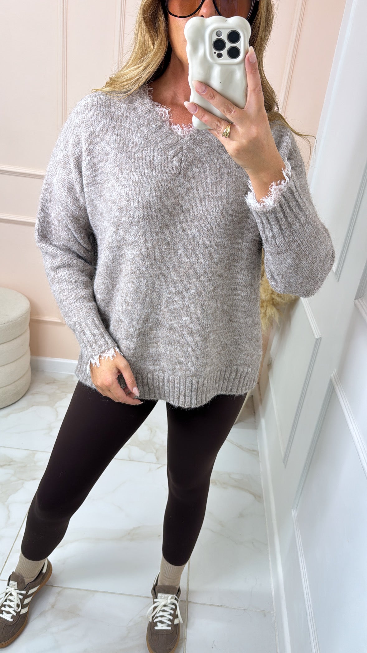 LUNA taupe lace trim knit fluffy jumper