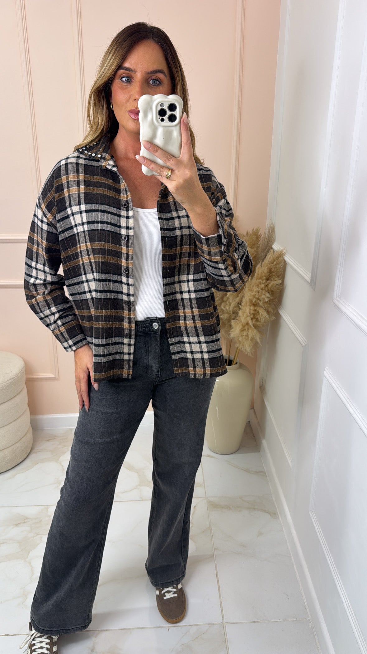 HAZEL camel check print embellished collar shirt