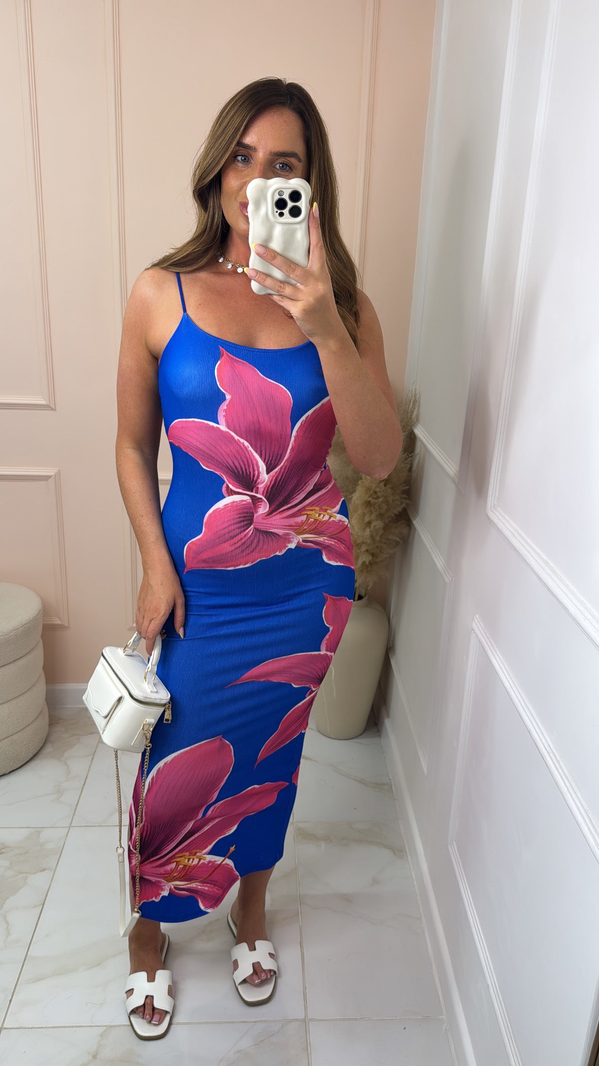 LILY blue strappy floral ribbed midi dress